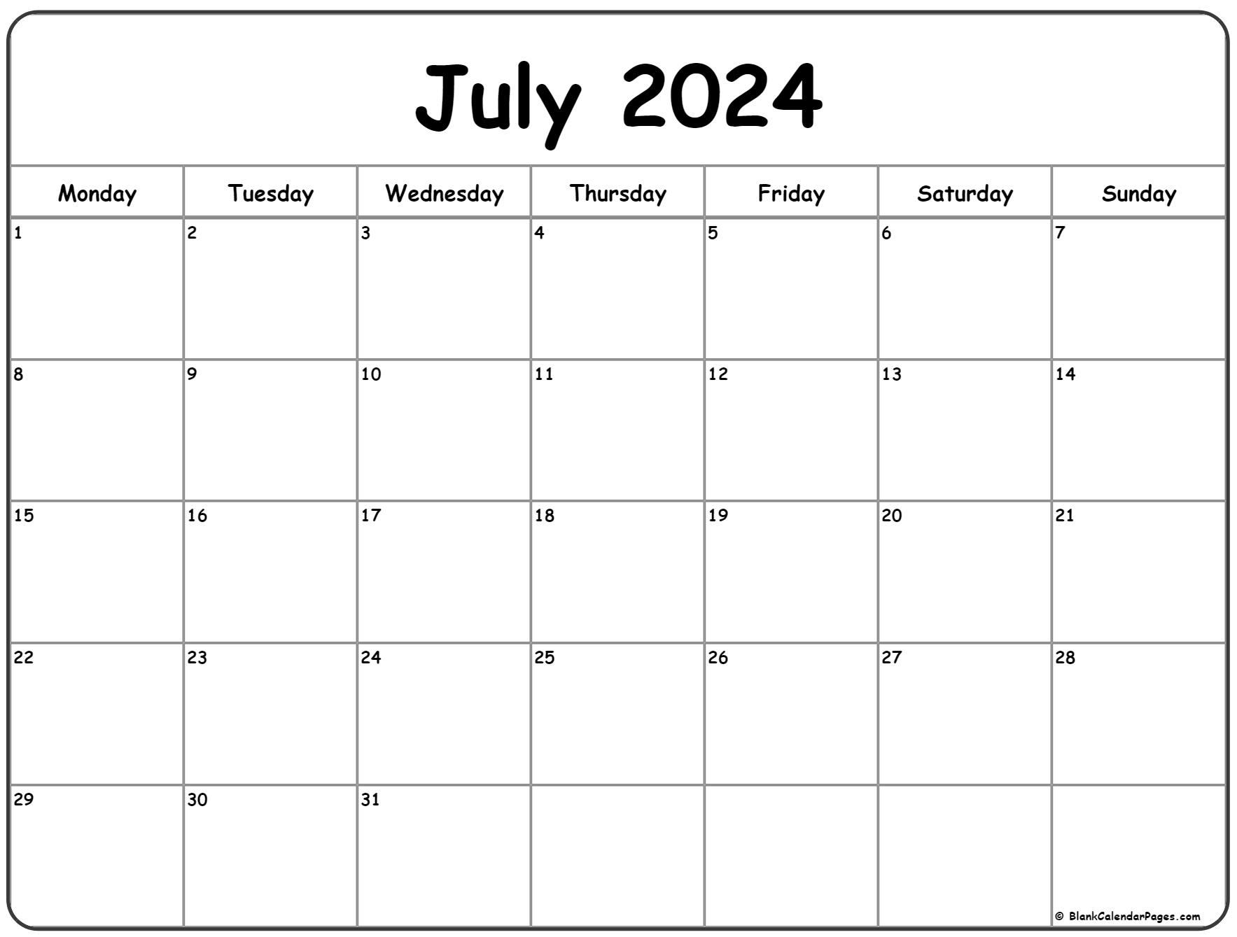 July 2024 Monday Calendar Monday to Sunday