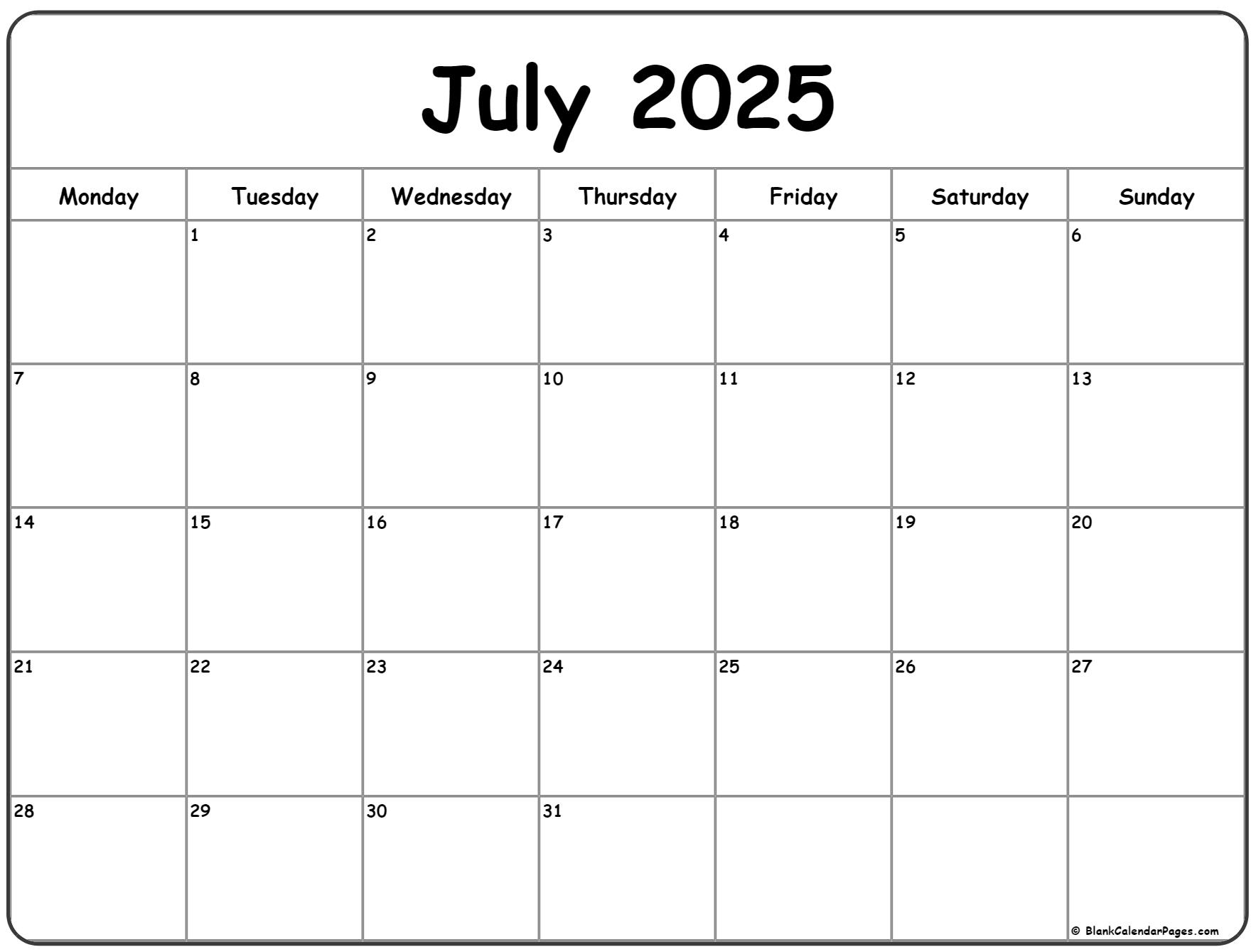 July 2025 Monday calendar. Monday to Sunday