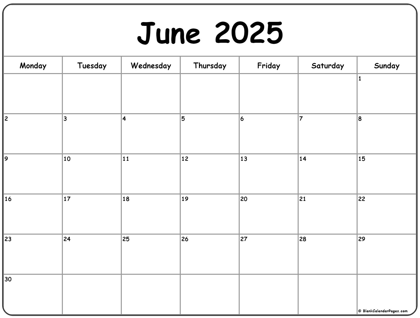 June 2025 Monday calendar. Monday to Sunday