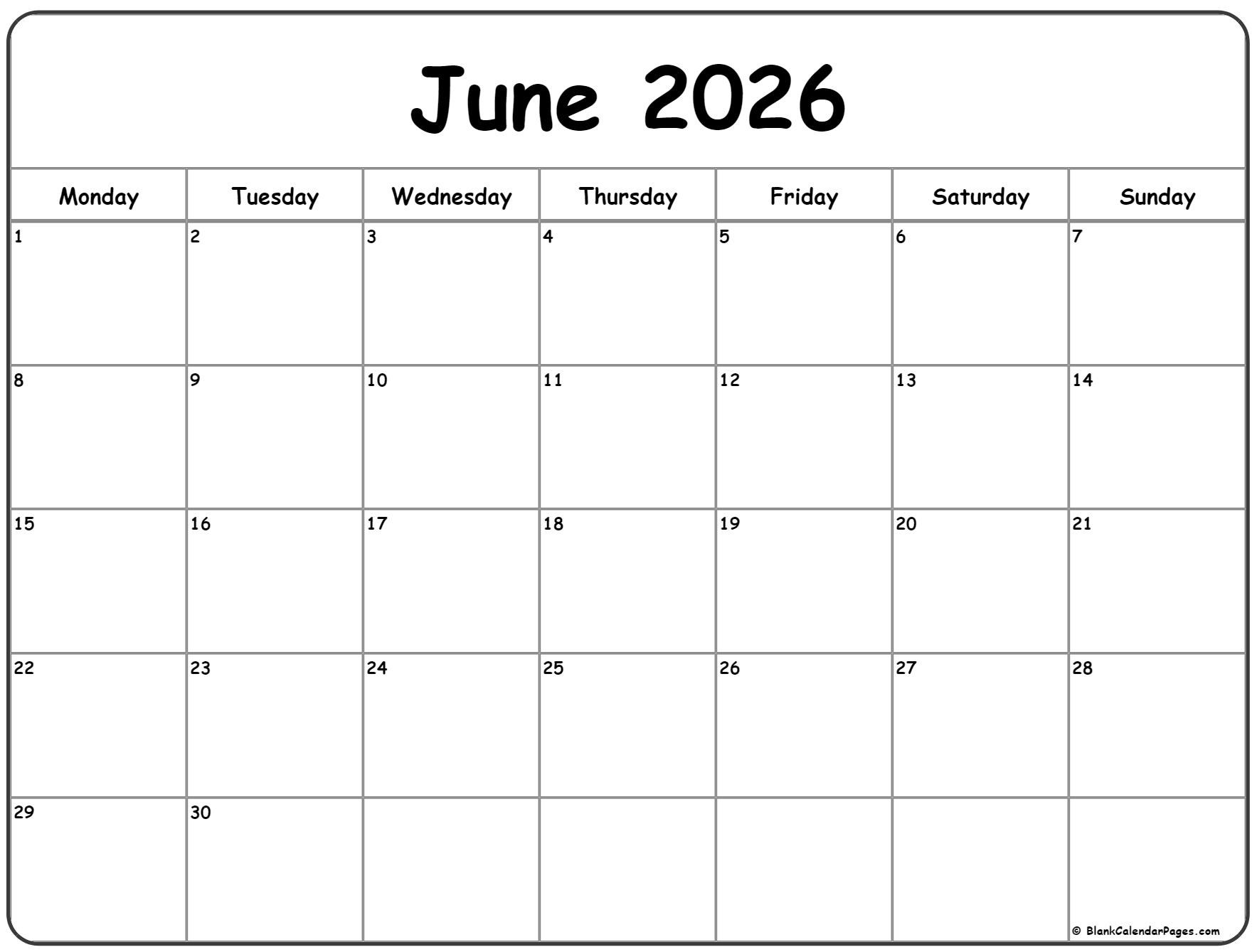 June 2026 Monday calendar. Monday to Sunday
