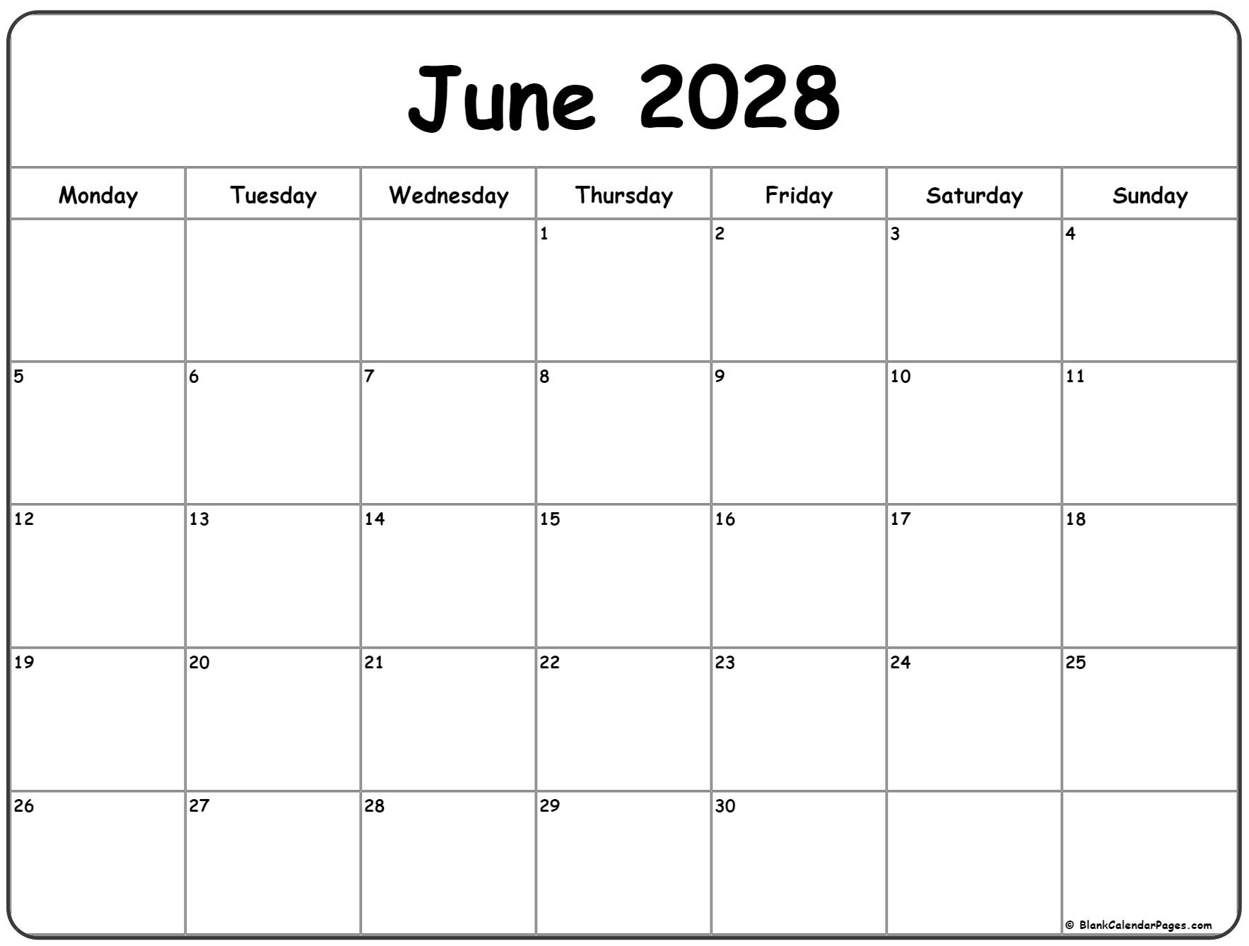 June 2028 Monday calendar. Monday to Sunday