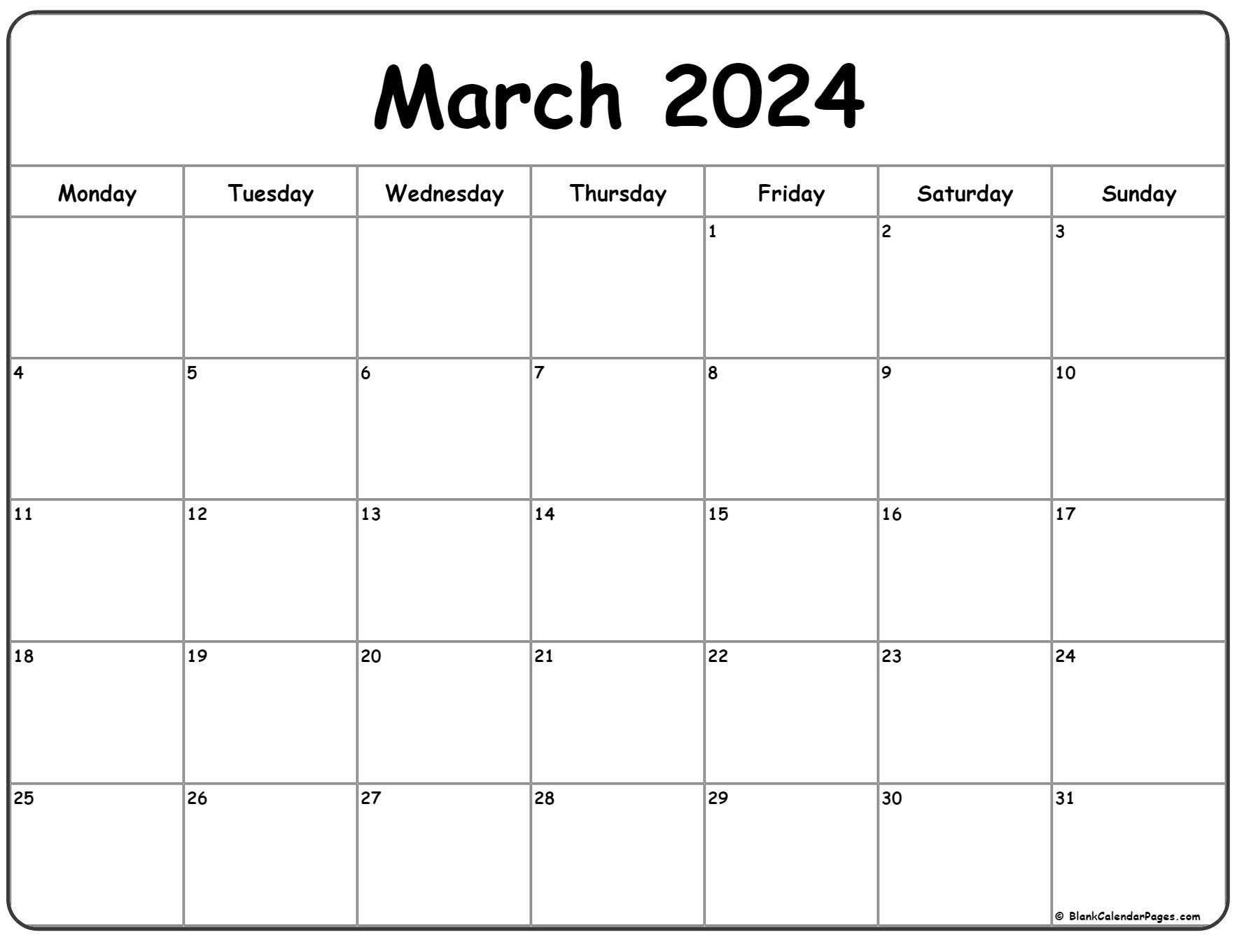 March 2024 Monday calendar. Monday to Sunday