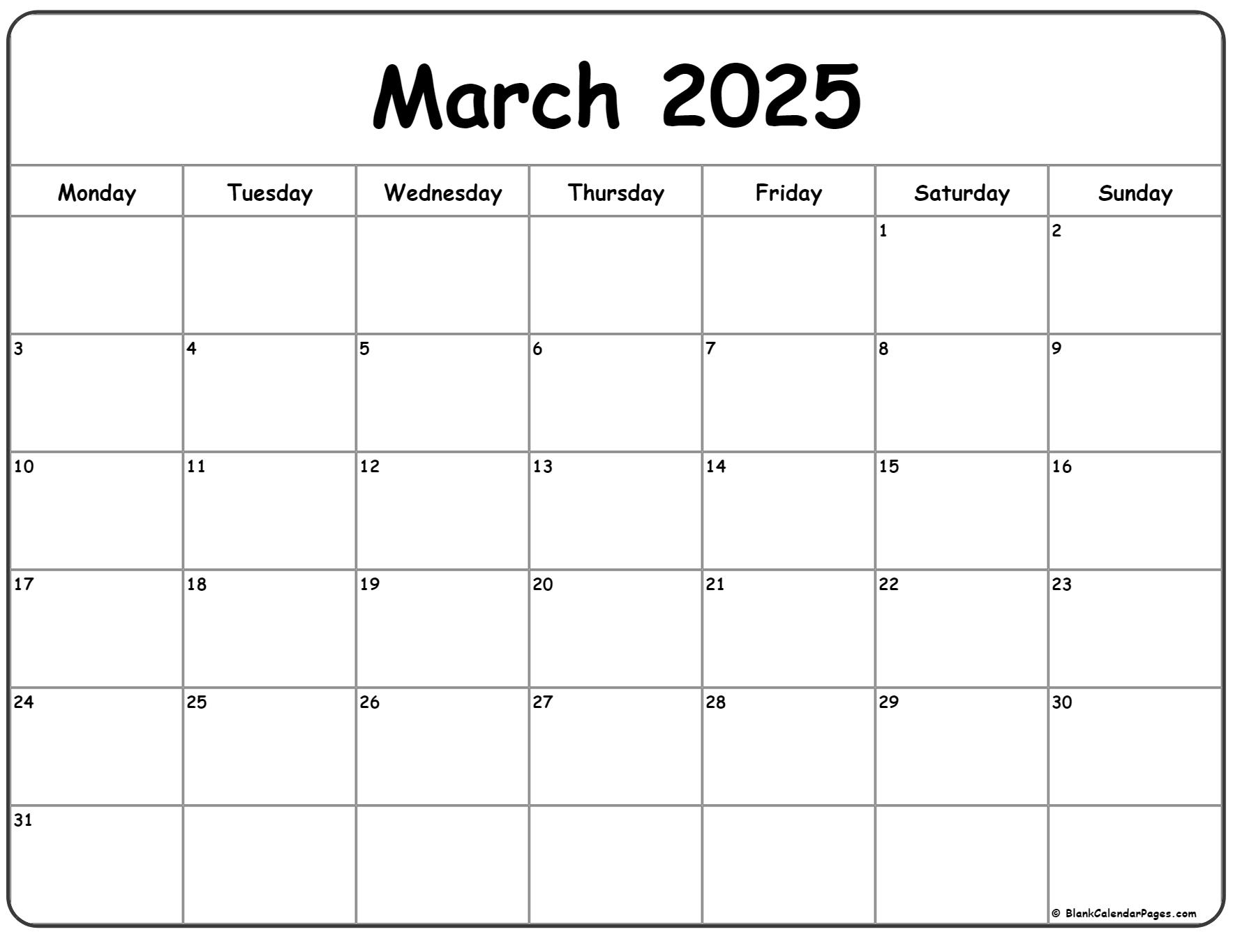 March 2025 Monday calendar. Monday to Sunday