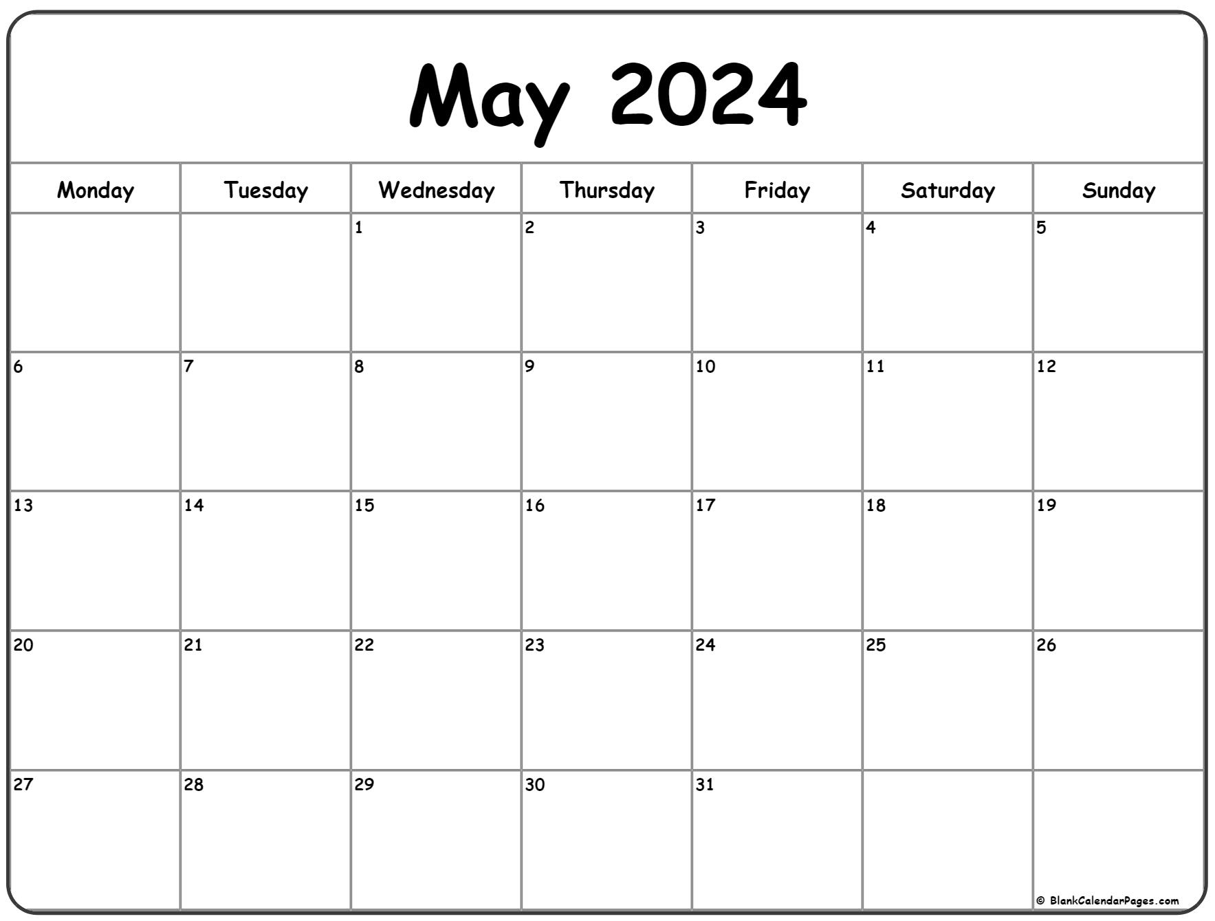 May 2024 Monday calendar. Monday to Sunday
