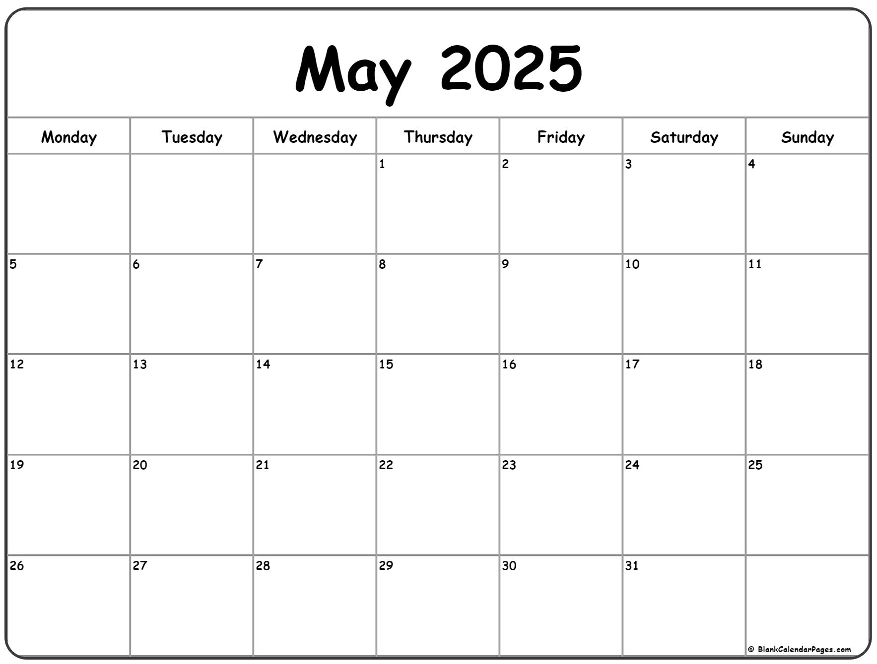May 2025 Monday calendar. Monday to Sunday