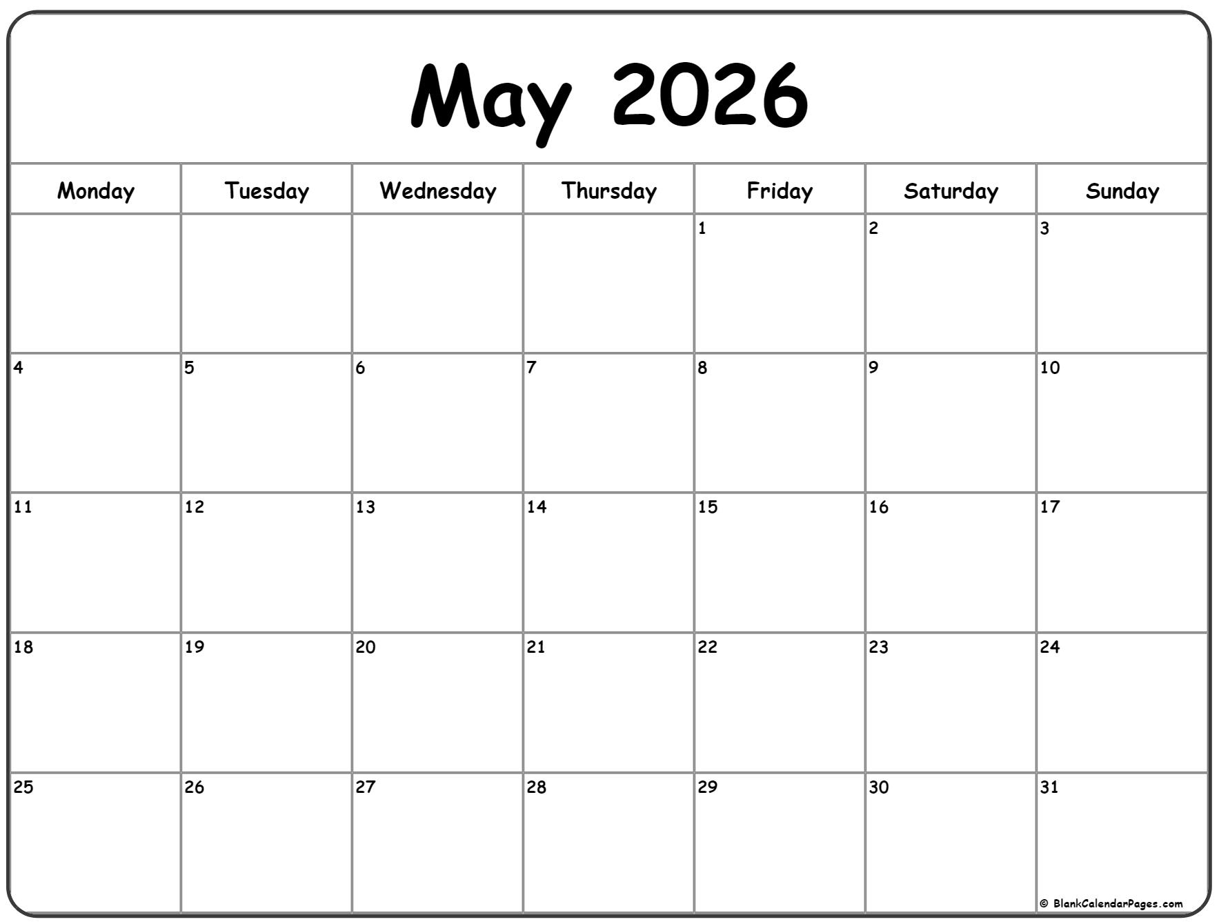 May 2026 Monday calendar. Monday to Sunday