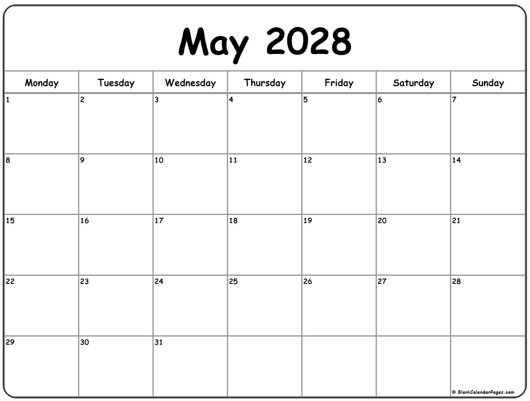 May 2028 Monday calendar. Monday to Sunday