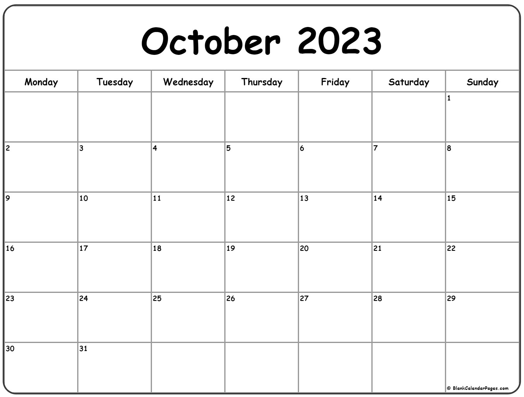 October 2023 Monday Calendar | Monday to Sunday