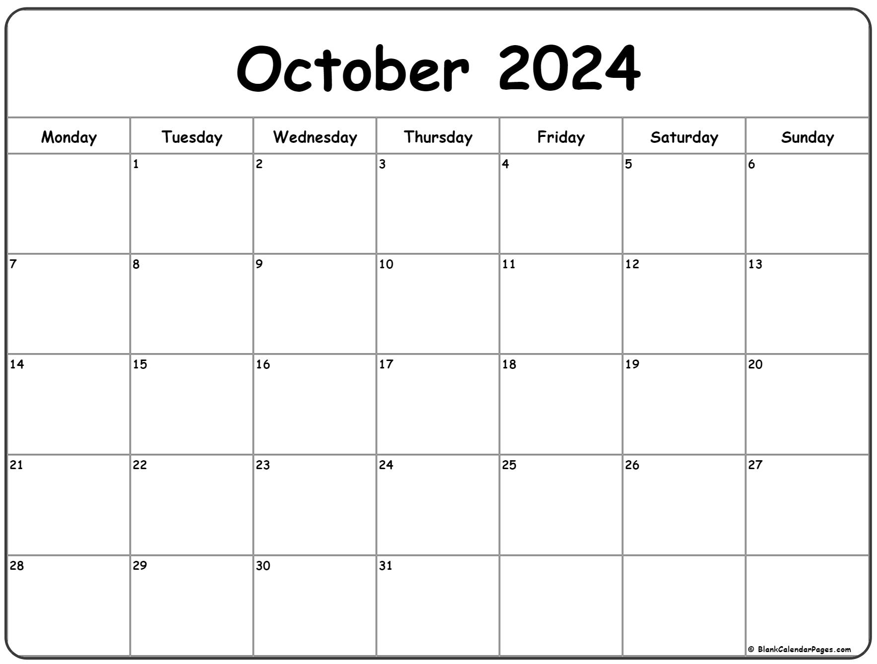 October 2024 Monday calendar. Monday to Sunday