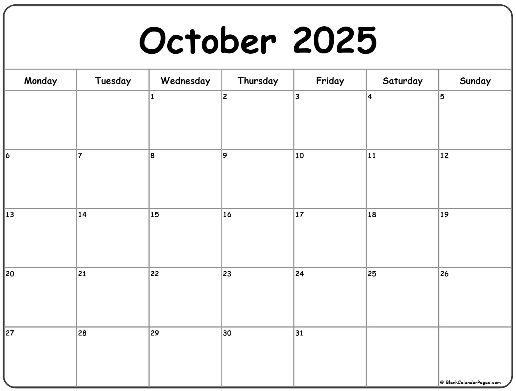 October 2025 Monday calendar. Monday to Sunday