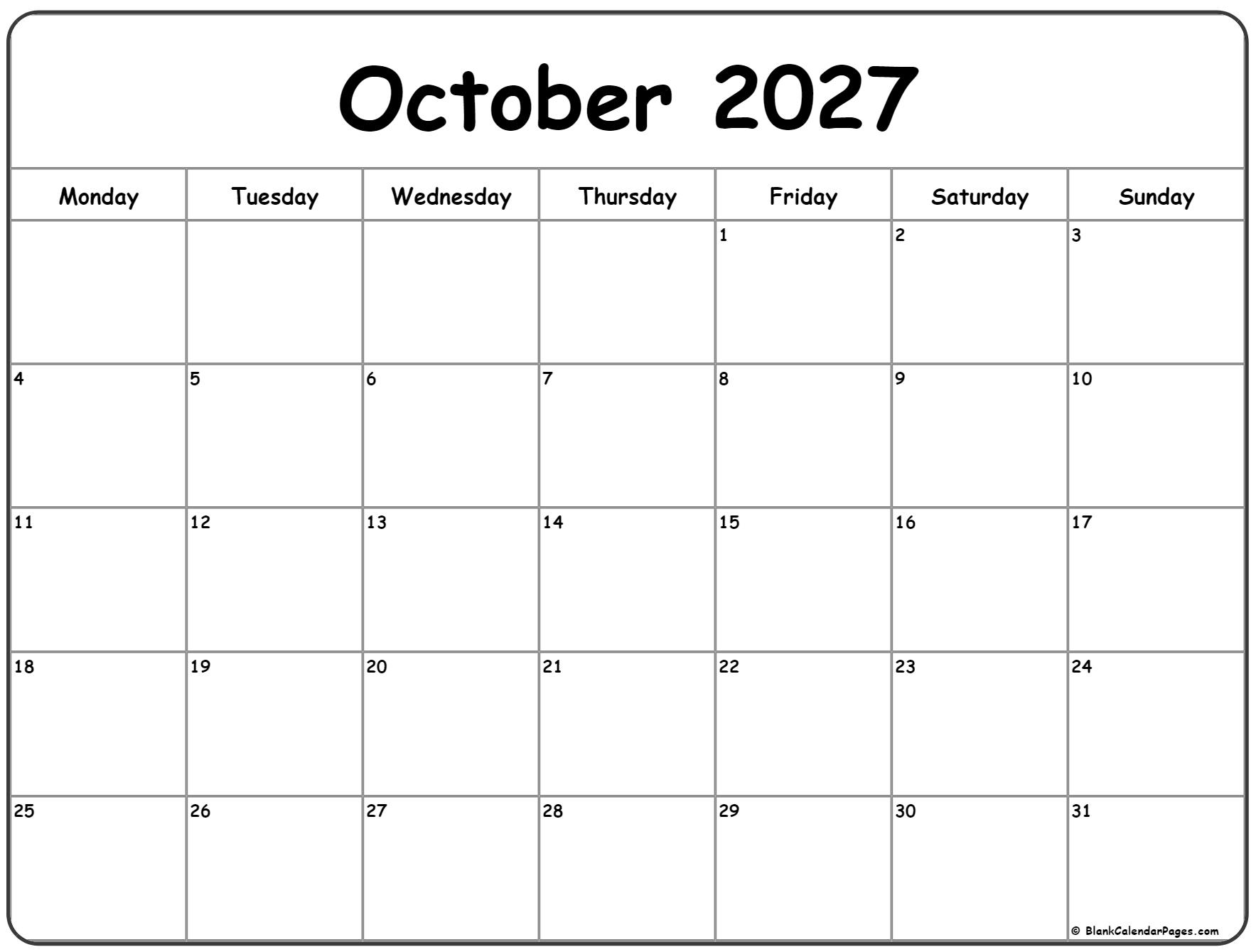 October 2027 Monday calendar. Monday to Sunday