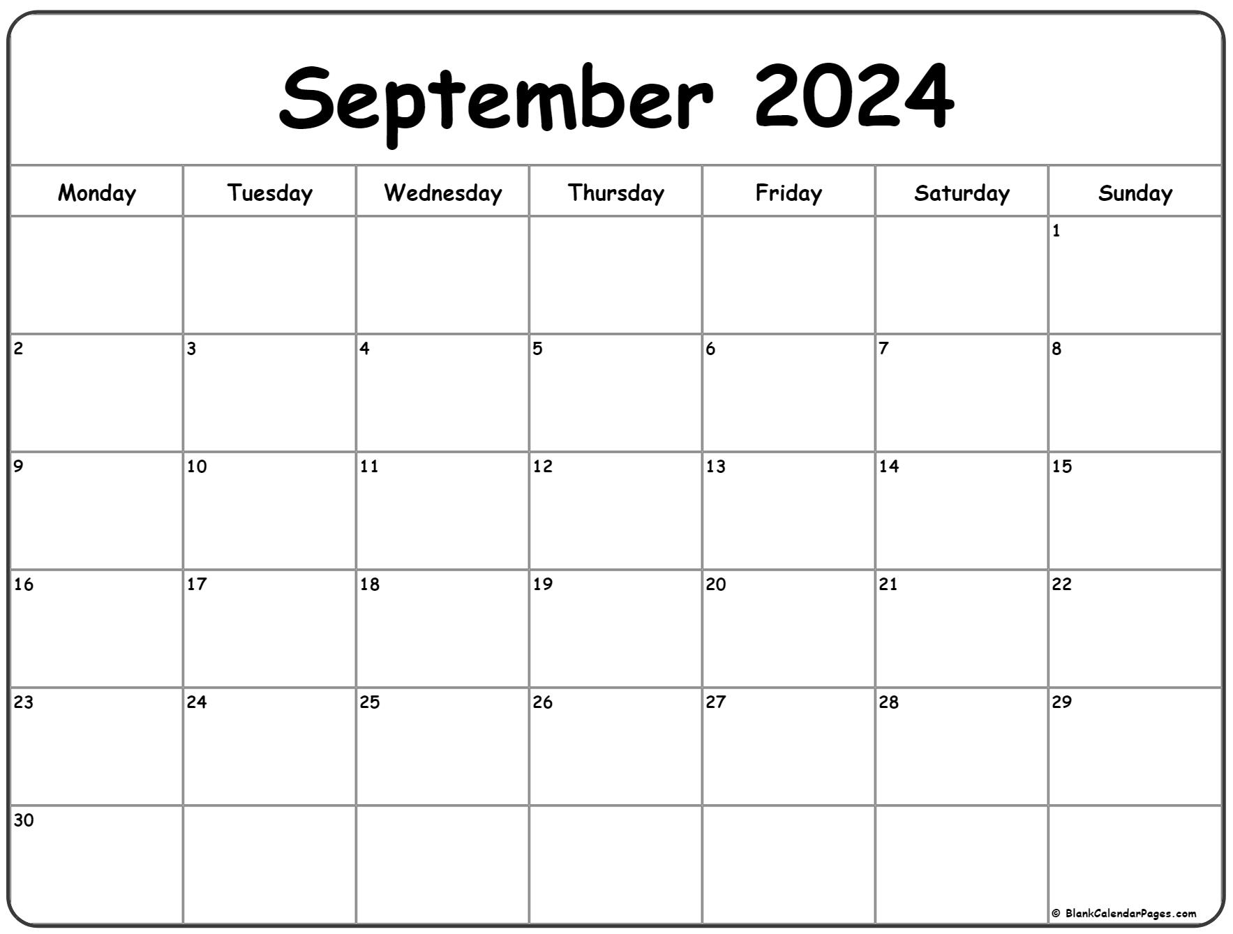 September 2024 Monday calendar. Monday to Sunday