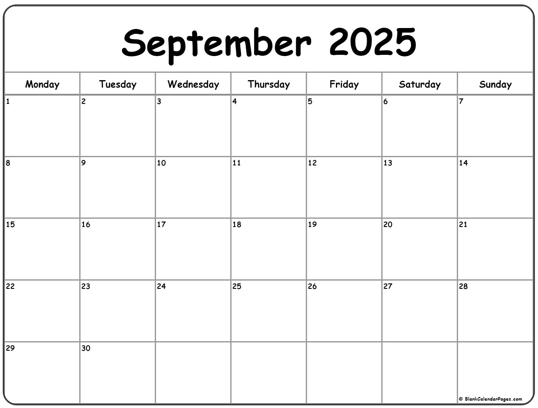 September 2025 Monday calendar. Monday to Sunday