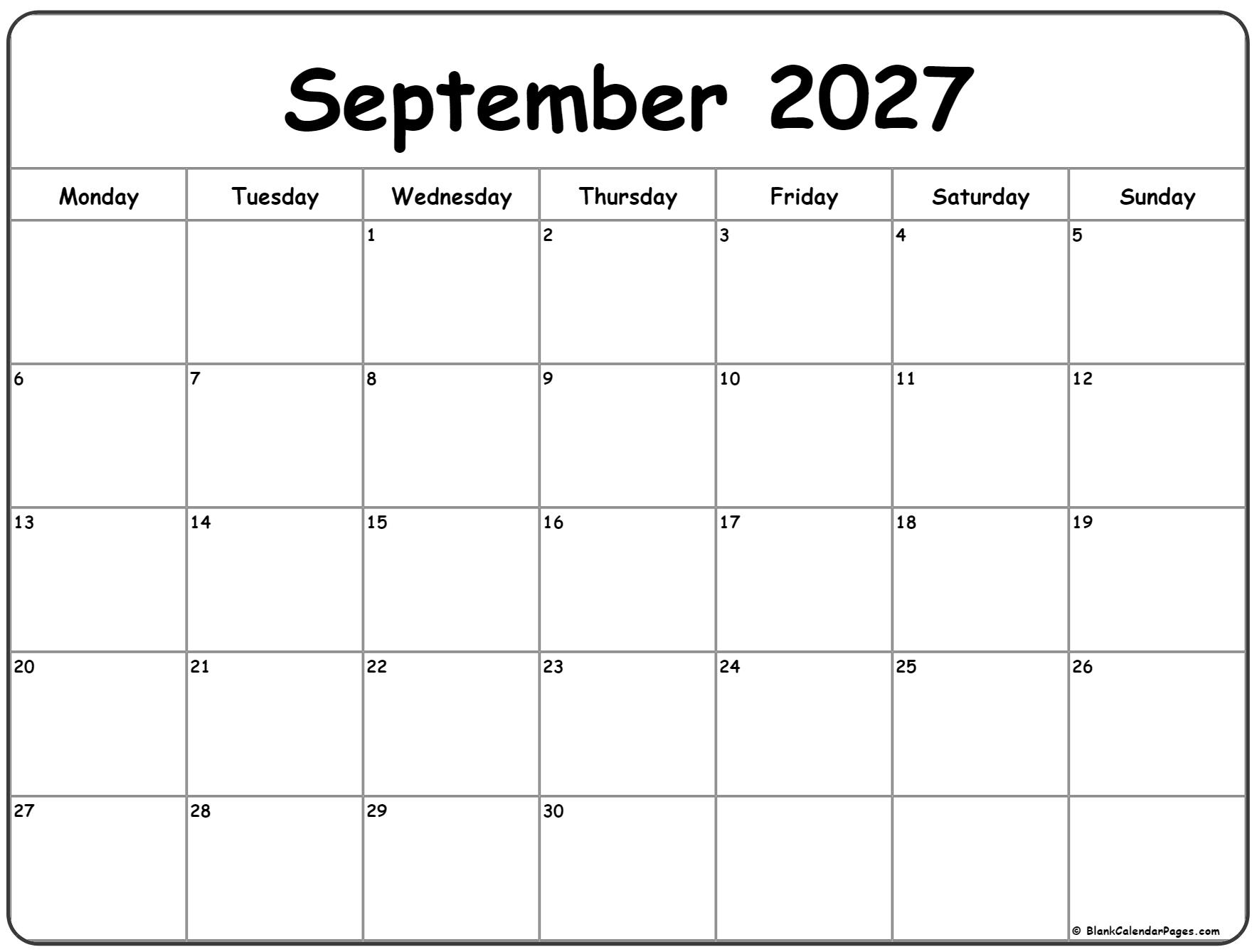 September 2027 Monday calendar. Monday to Sunday