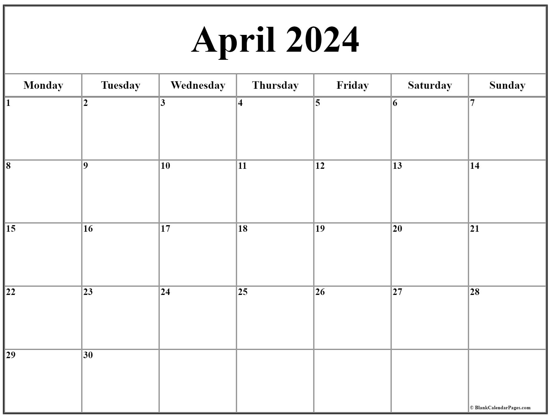 Monday Start Calendar 2022 April 2022 Monday Calendar | Monday To Sunday