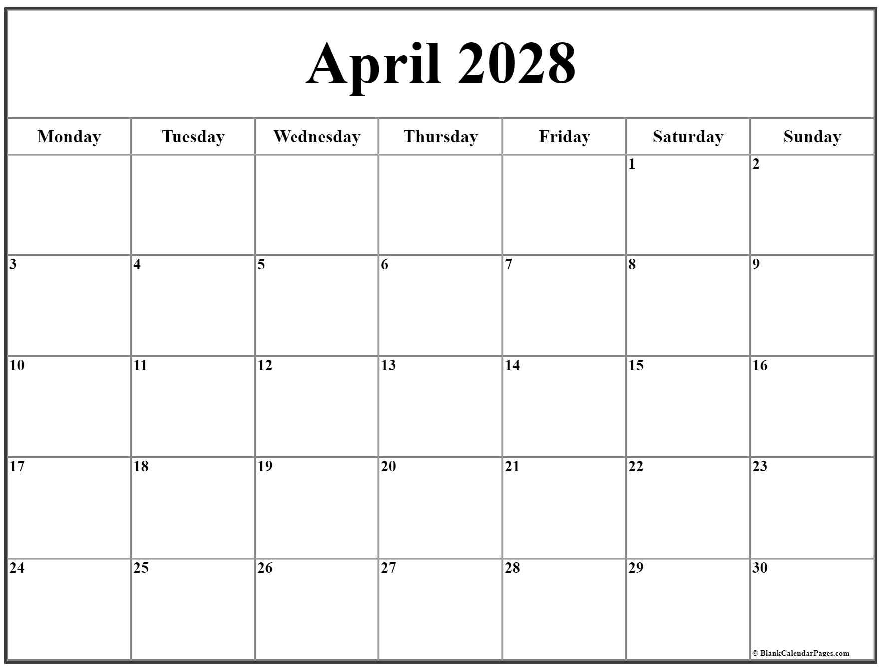 April 2028 Monday calendar. Monday to Sunday