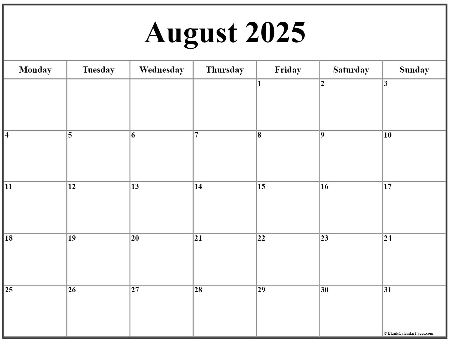 August 2019 Monday Calendar Monday To Sunday