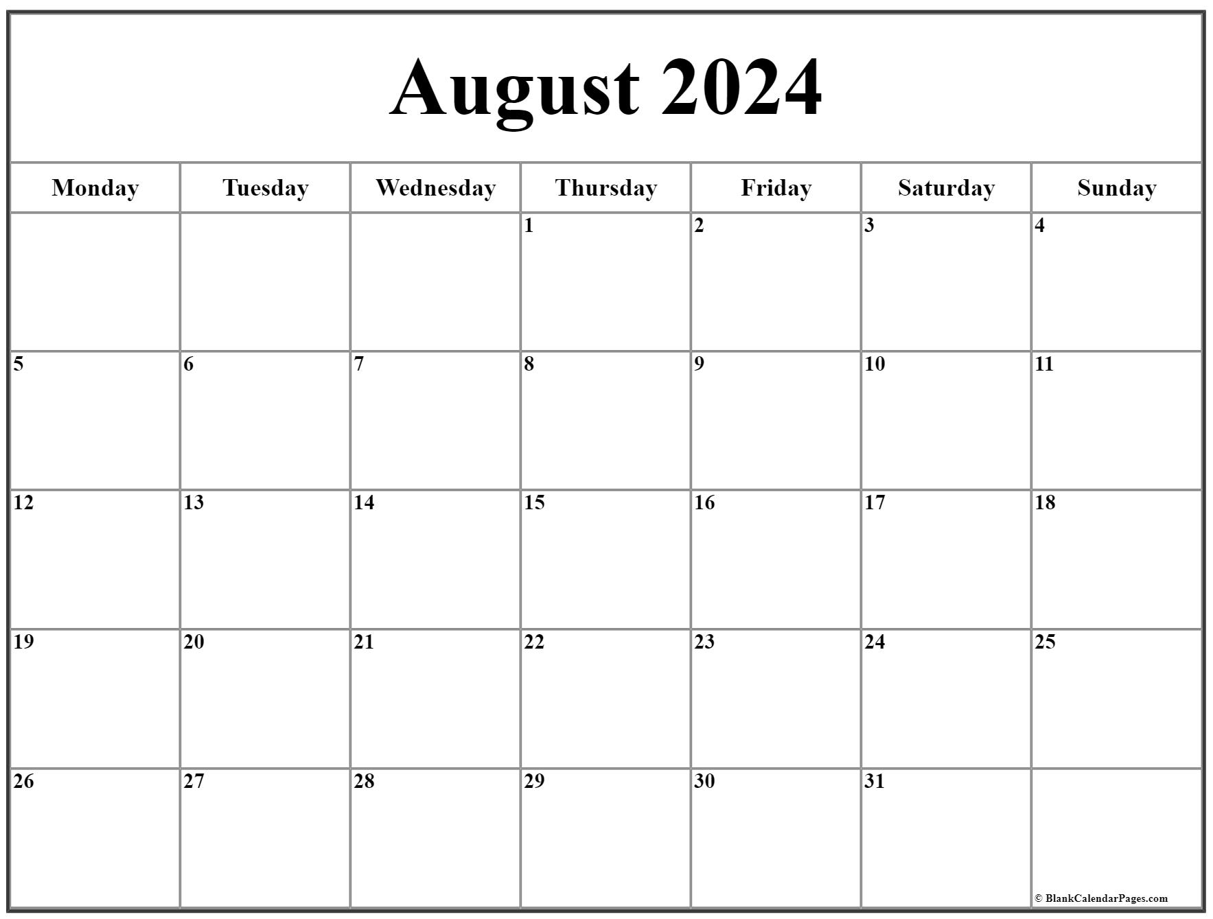 August 2024 Calendar Printable Monday Start Tana Zorine