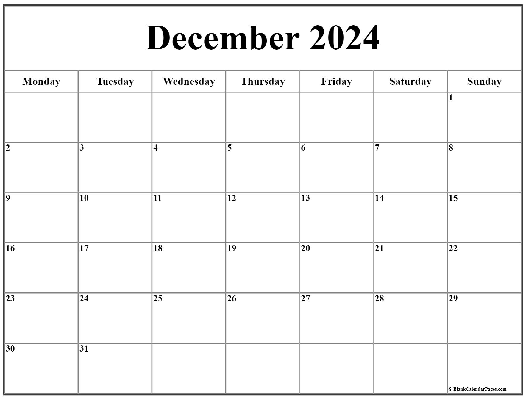 December 2020 Monday Calendar