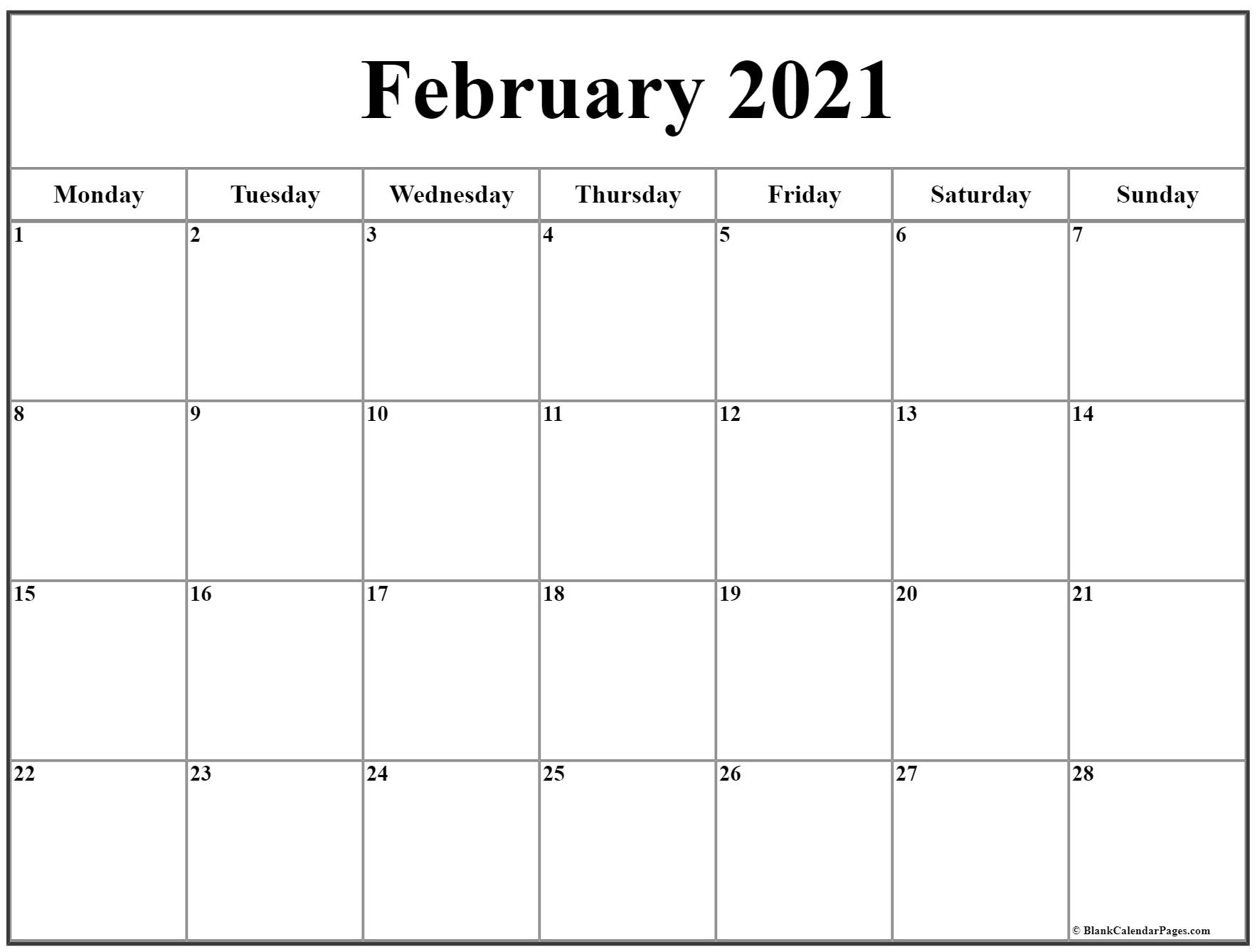 February 2021 Monday Calendar | Monday to Sunday