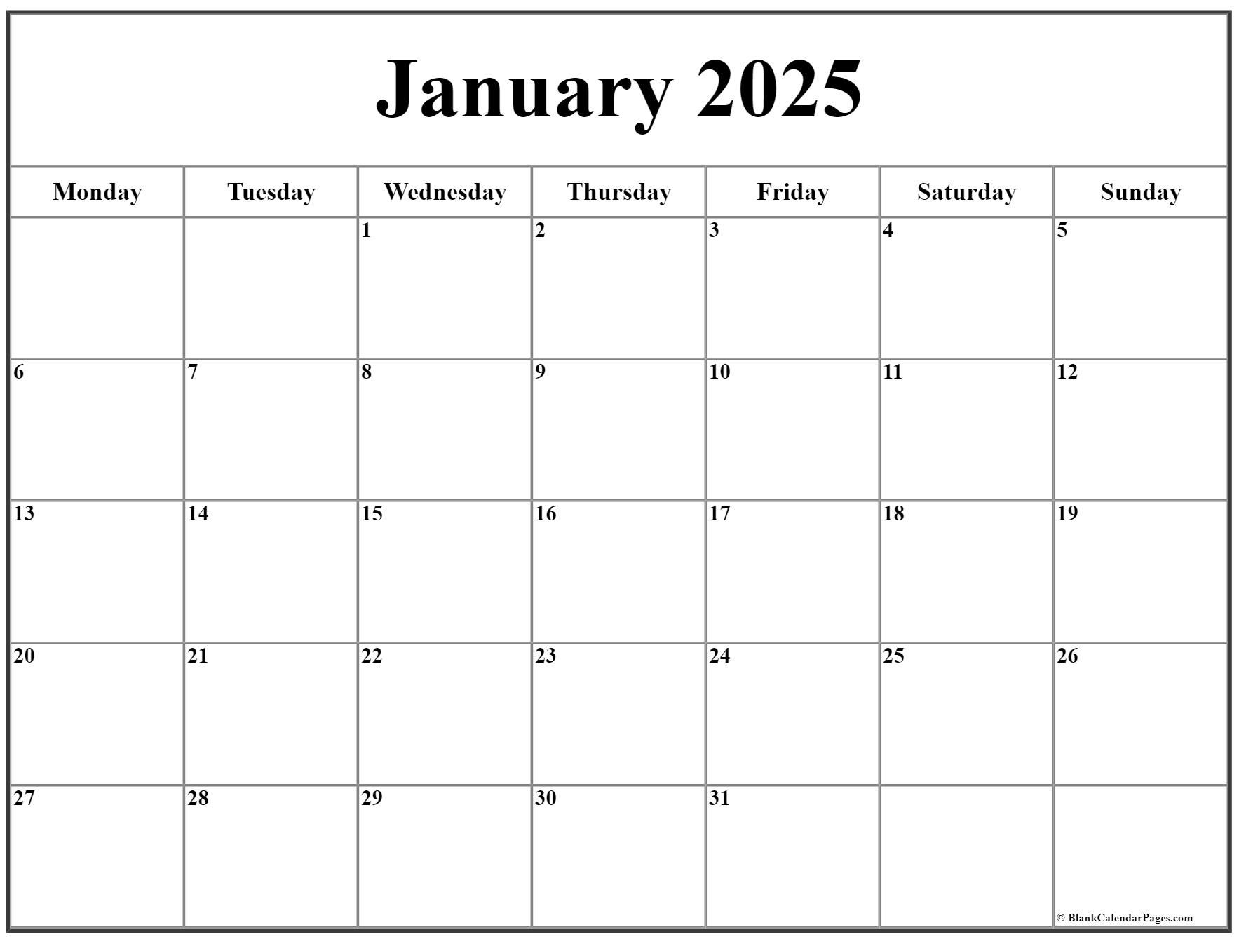January 2025 Monday Calendar | Monday to Sunday