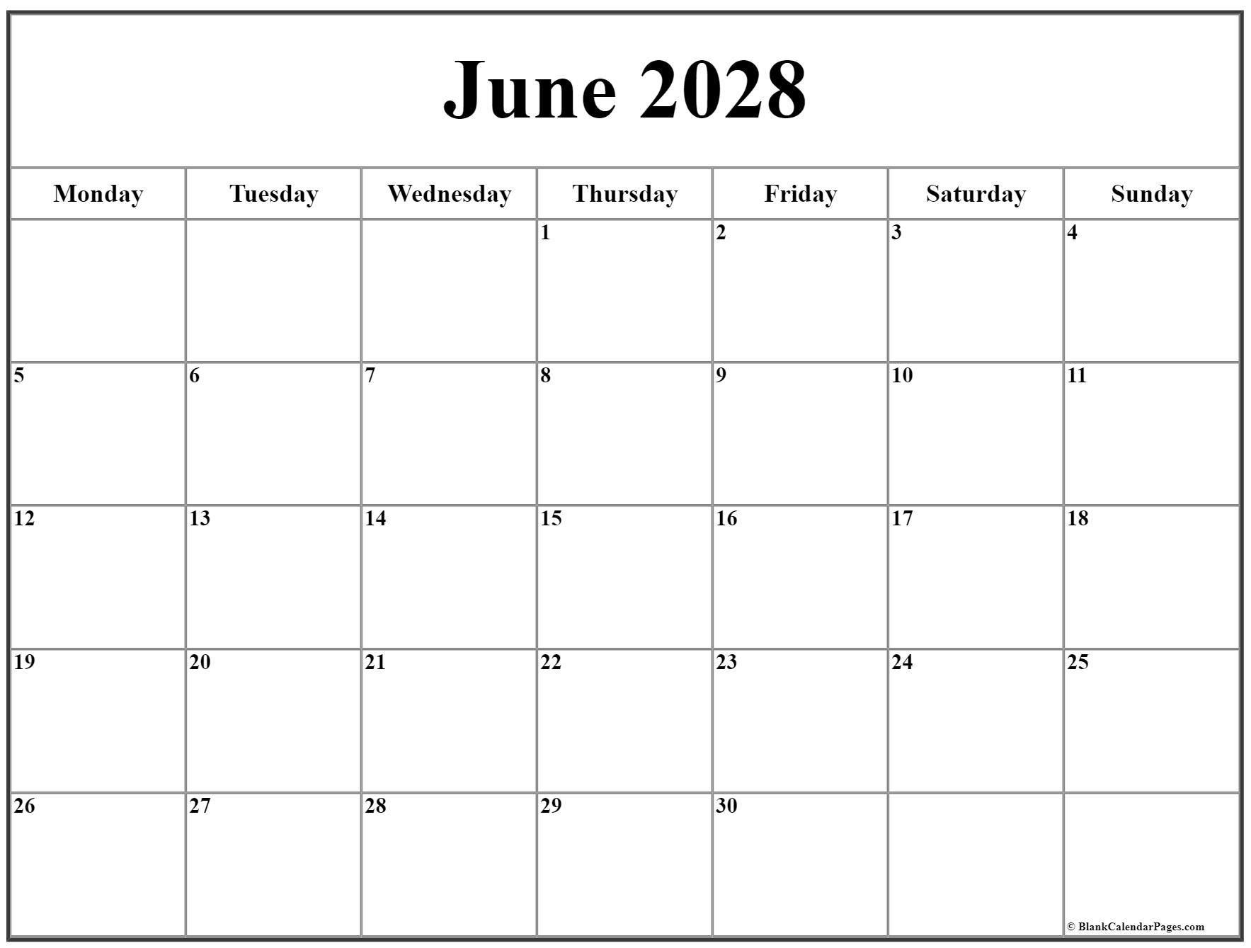 June 2028 Monday calendar. Monday to Sunday