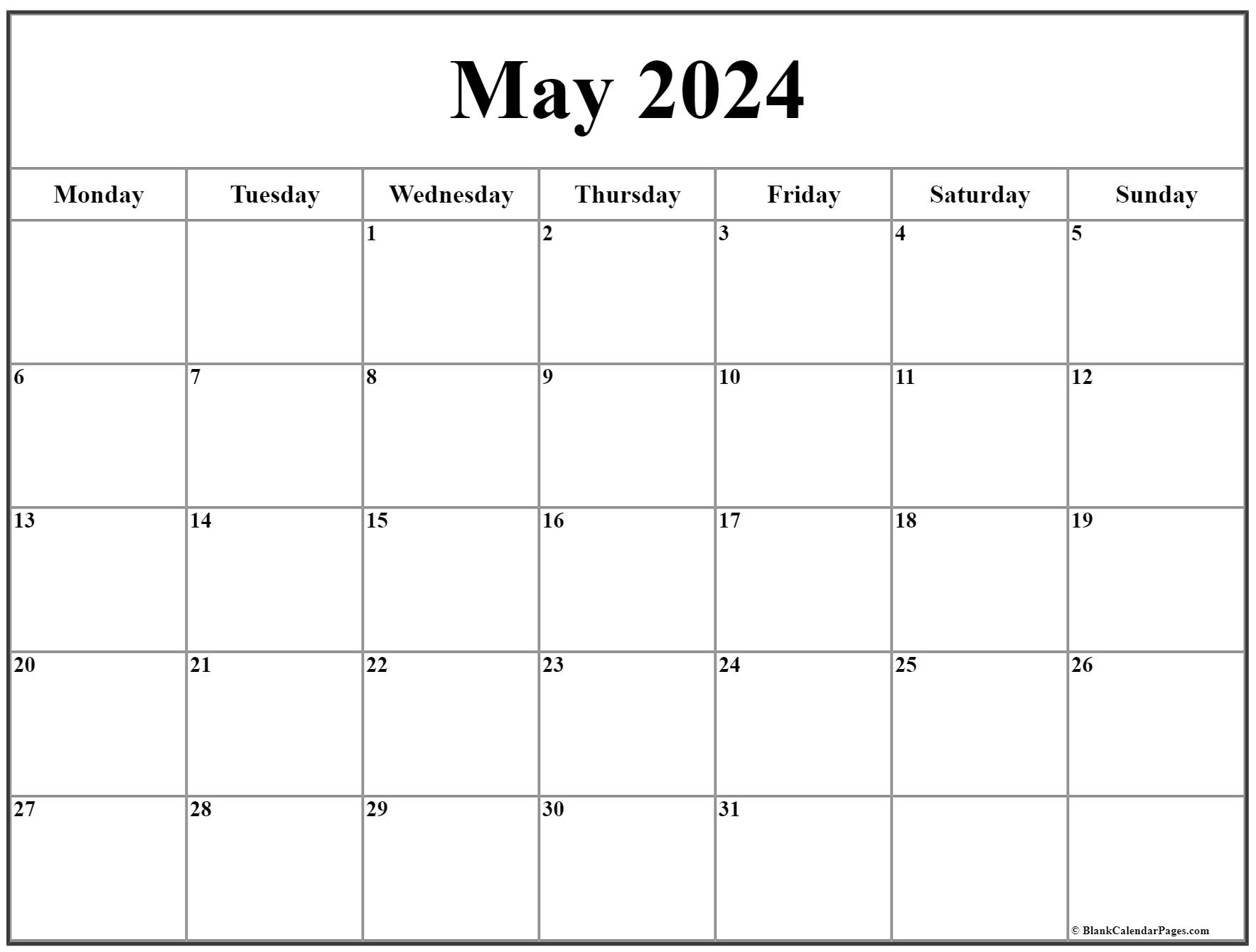 May 2020 Monday Calendar