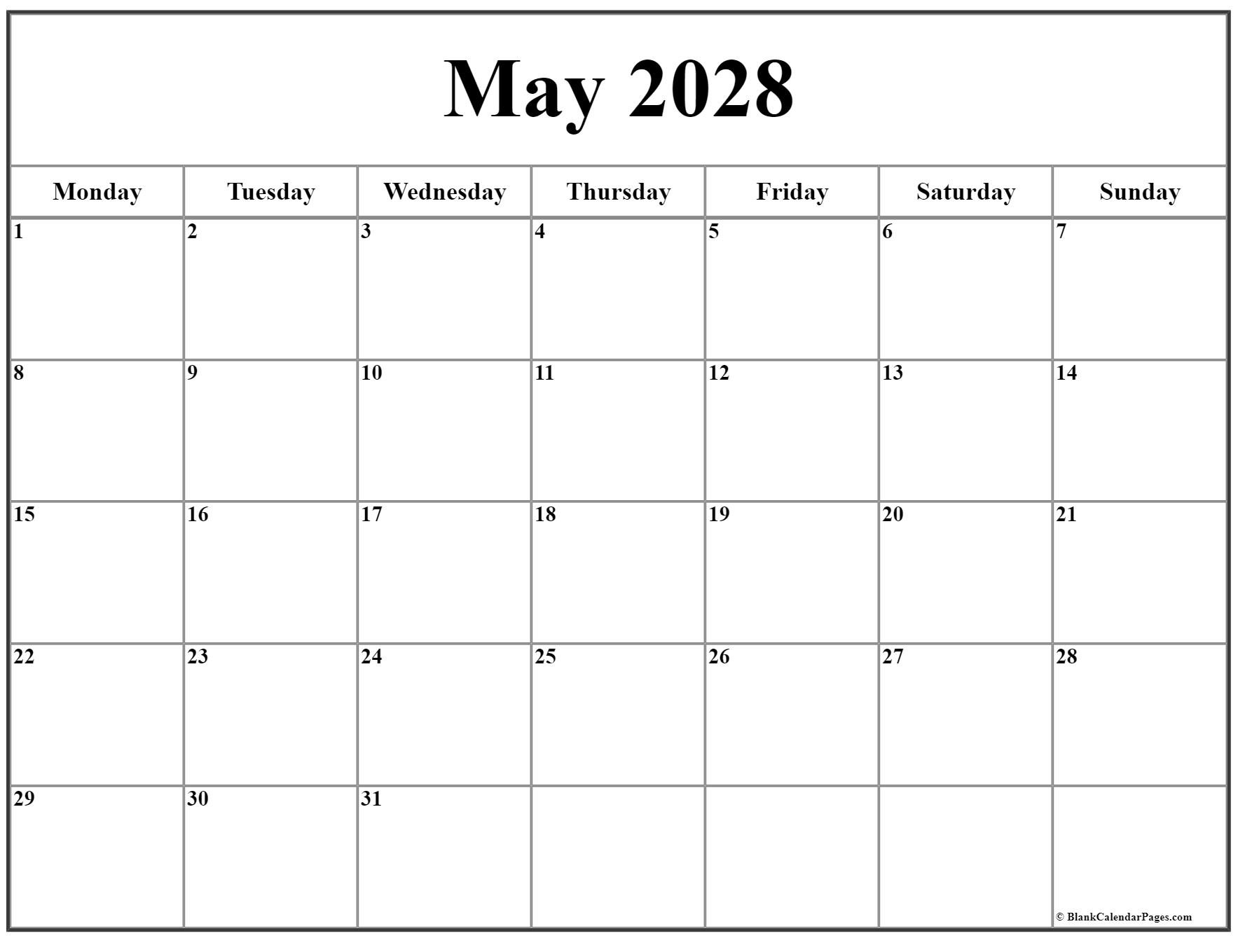 May 2028 Monday calendar. Monday to Sunday