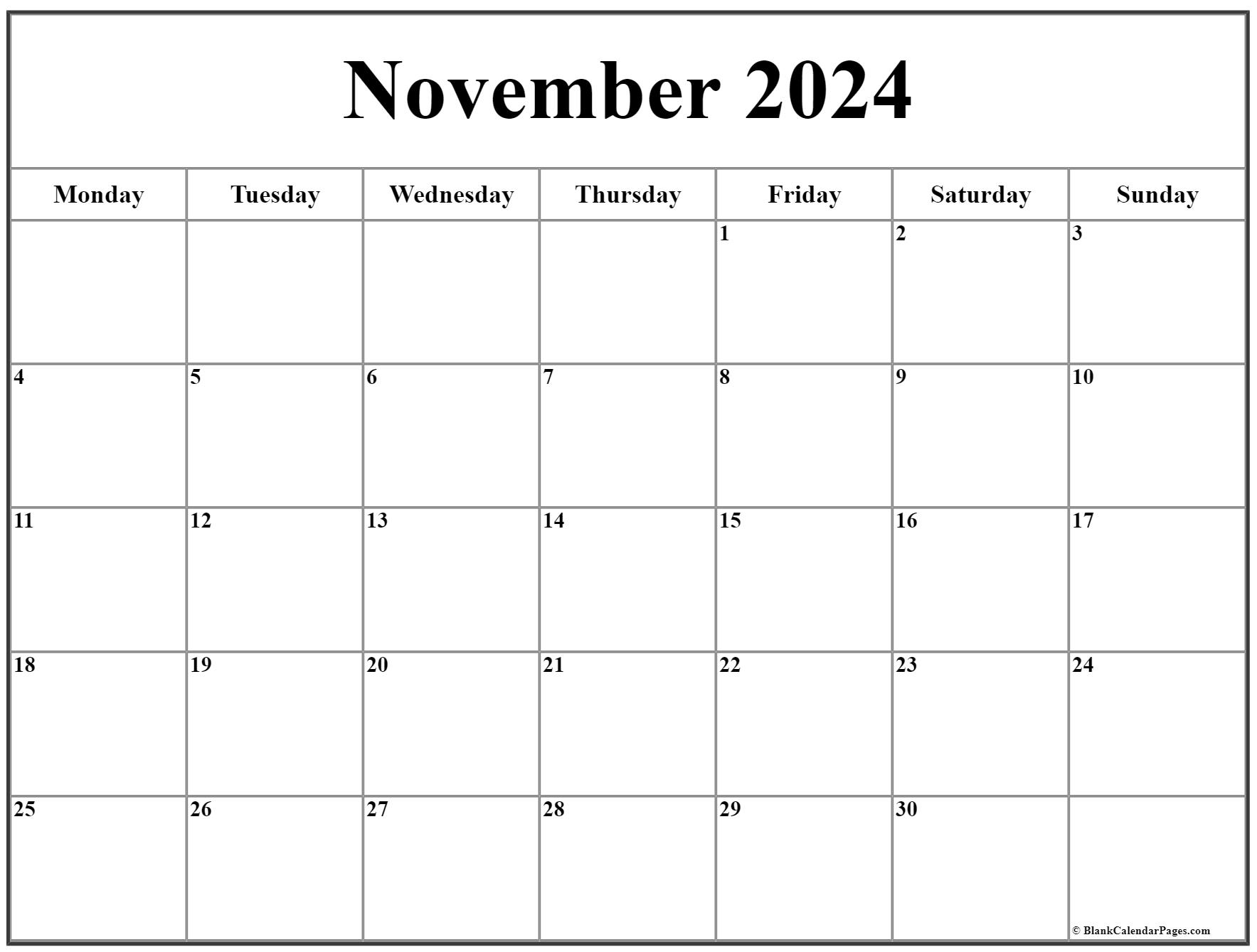 November 2020 Monday Calendar | Monday to Sunday