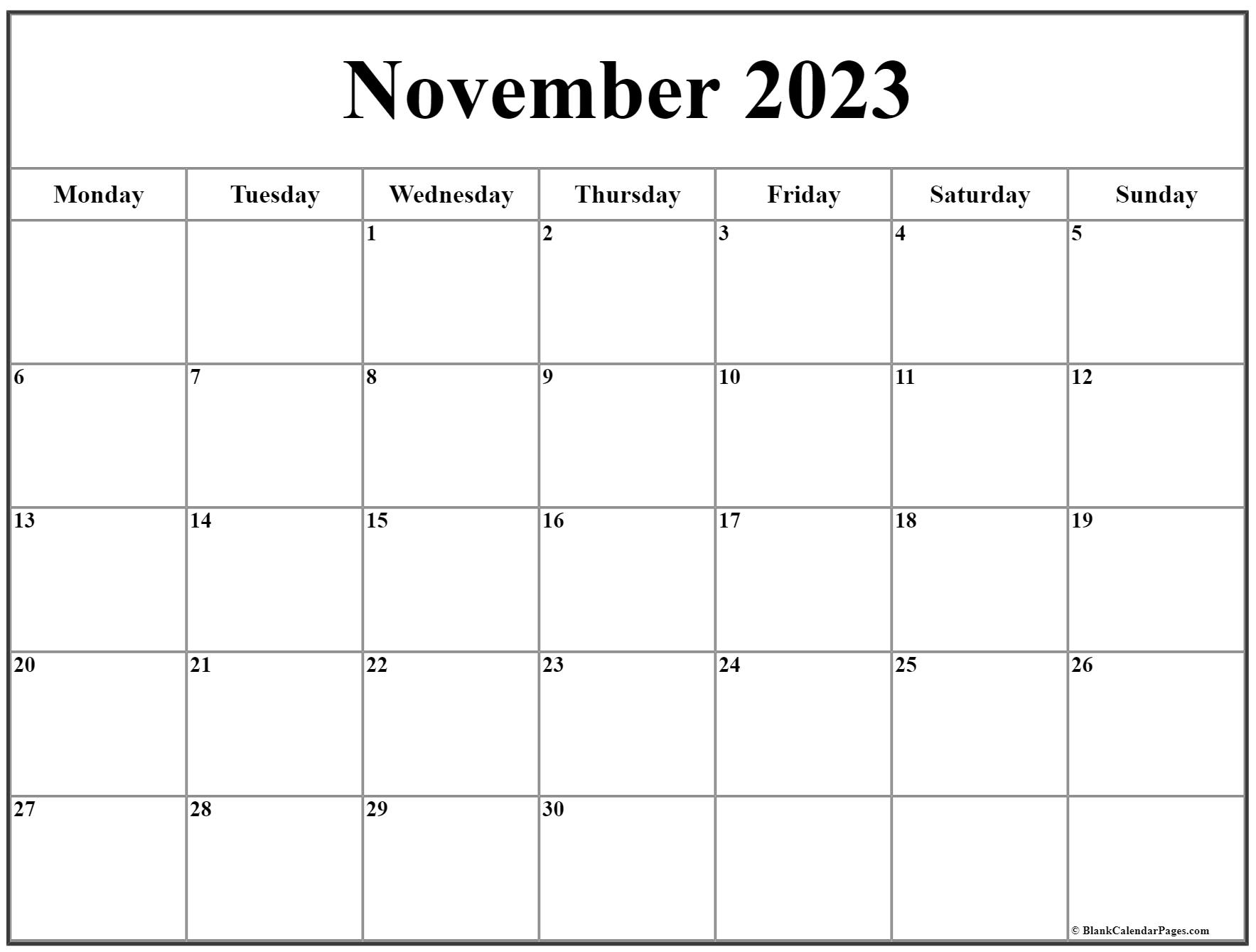 November 2023 Monday Calendar Monday to Sunday