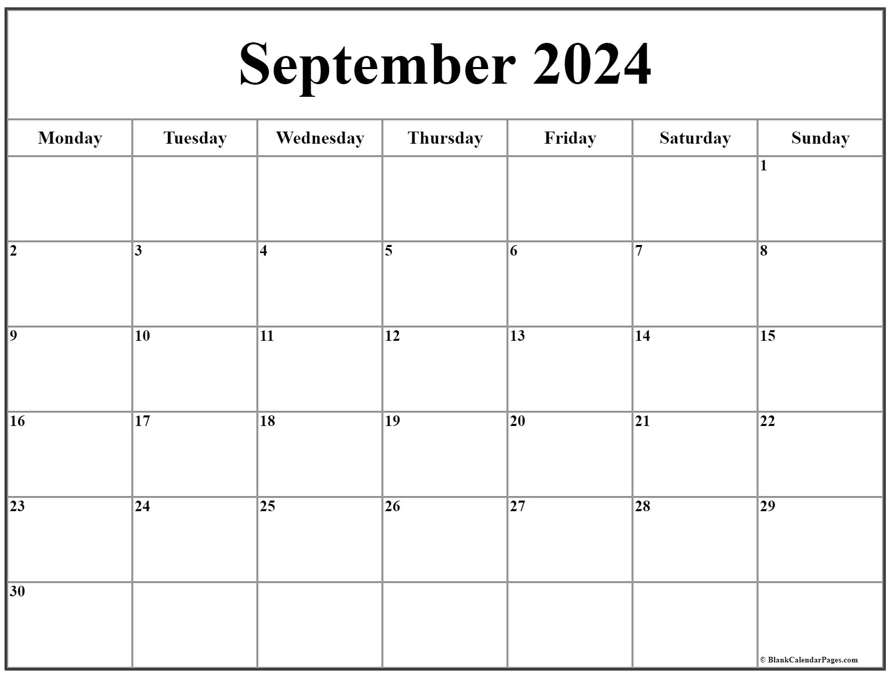 September 2019 Monday Calendar | Monday to Sunday