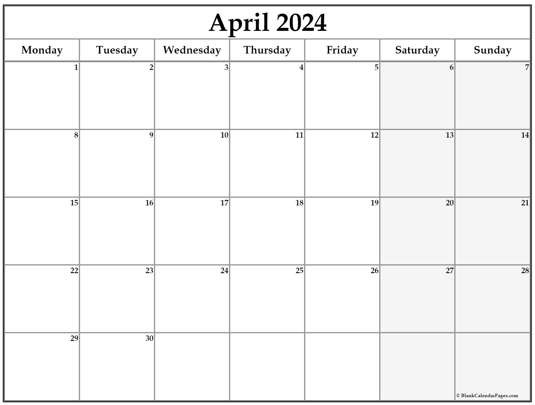 April 2022 Monday Calendar | Monday to Sunday
