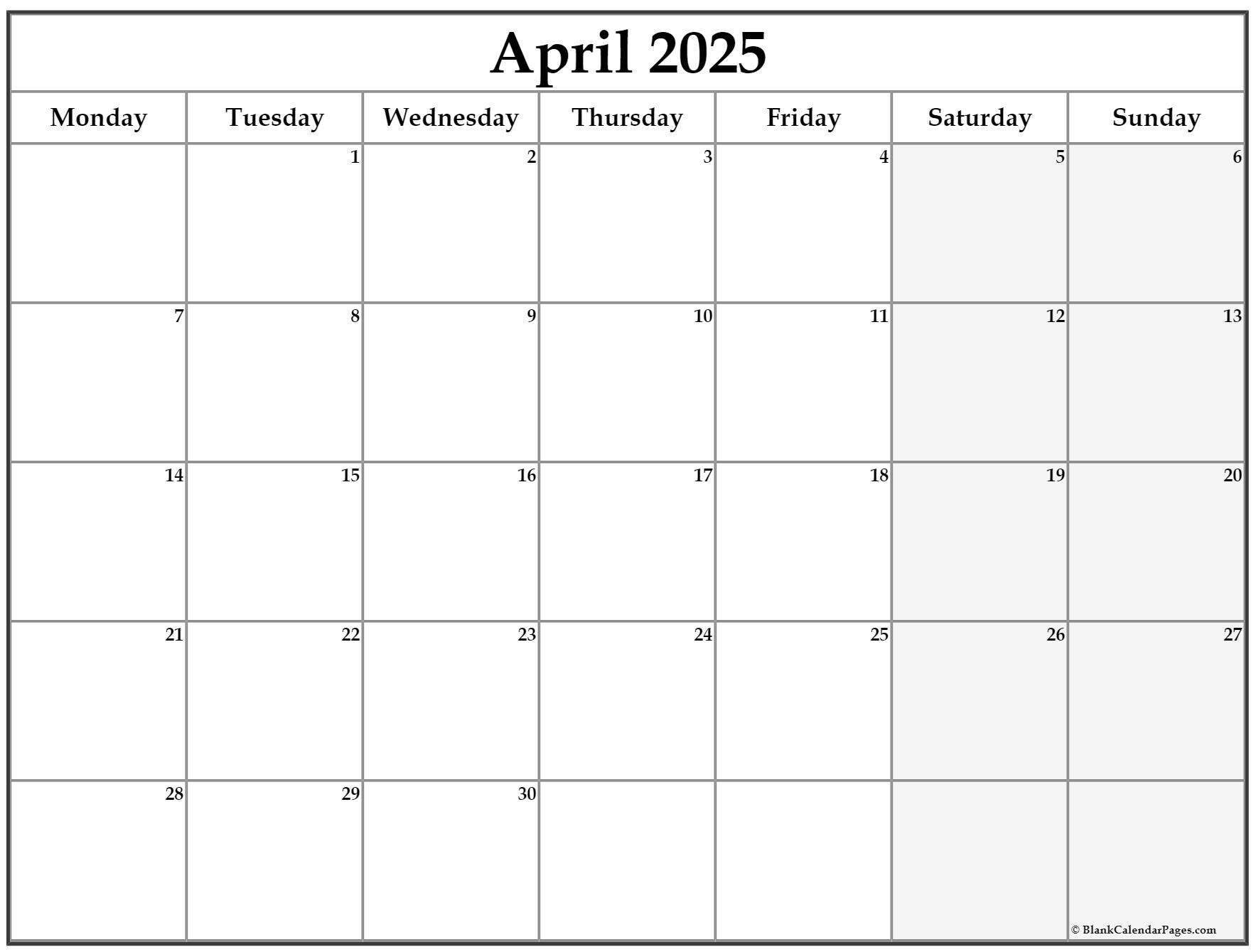 April 2022 Monday Calendar Monday To Sunday