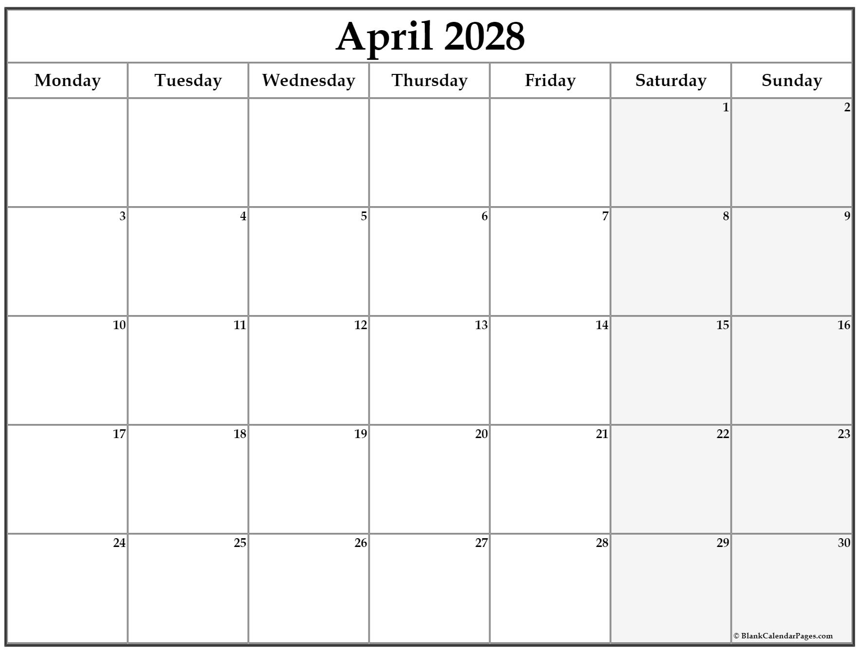 April 2028 Monday calendar. Monday to Sunday