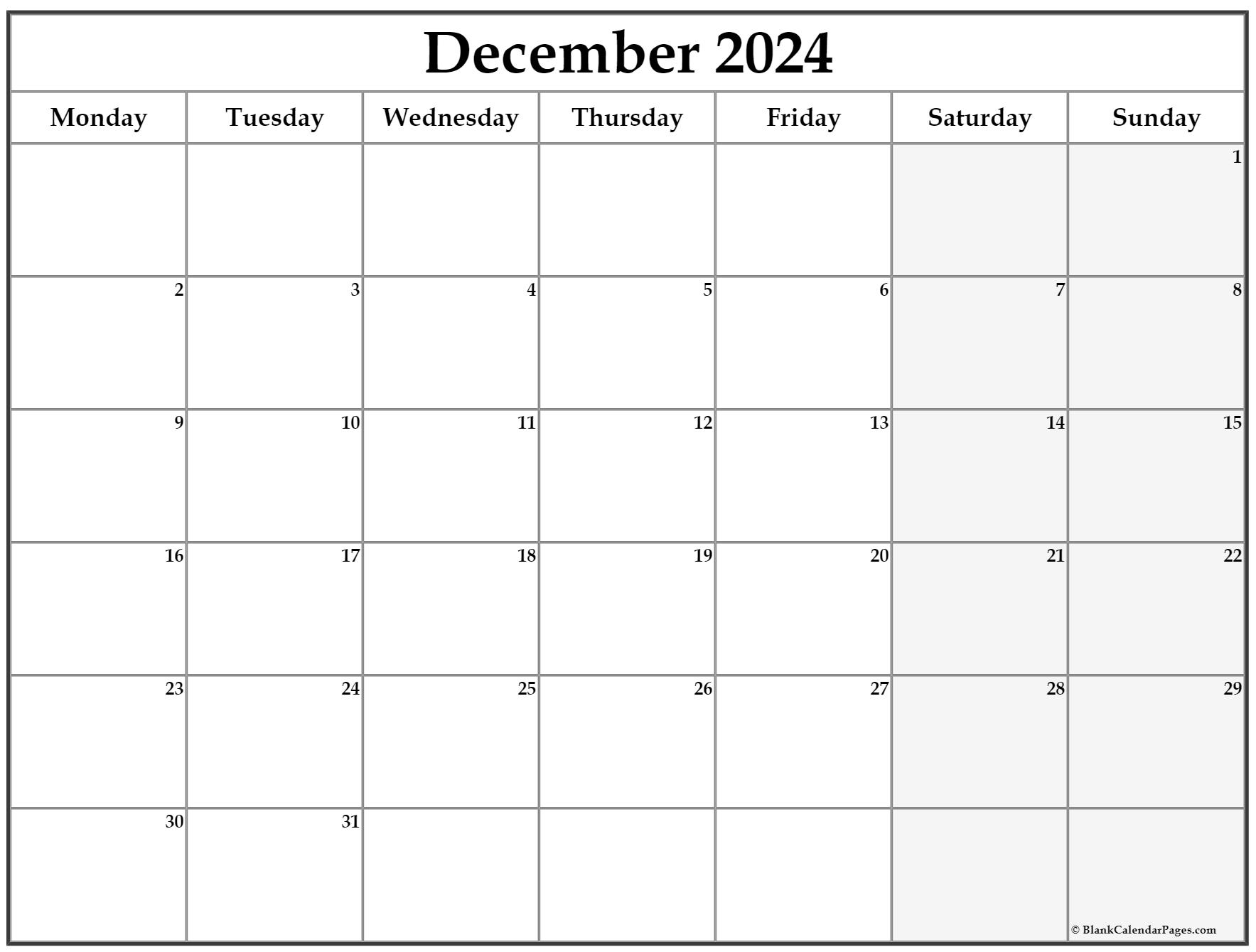 December 2020 Monday Calendar Monday to Sunday