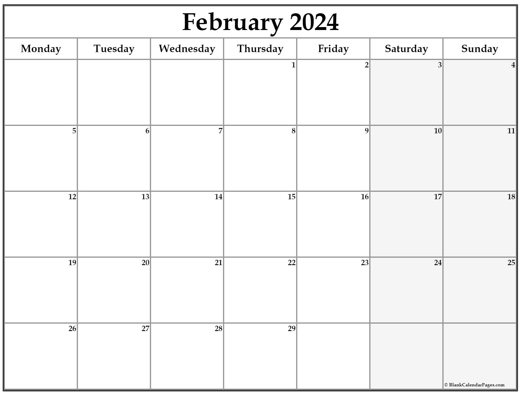 February 2021 Monday Calendar | Monday to Sunday