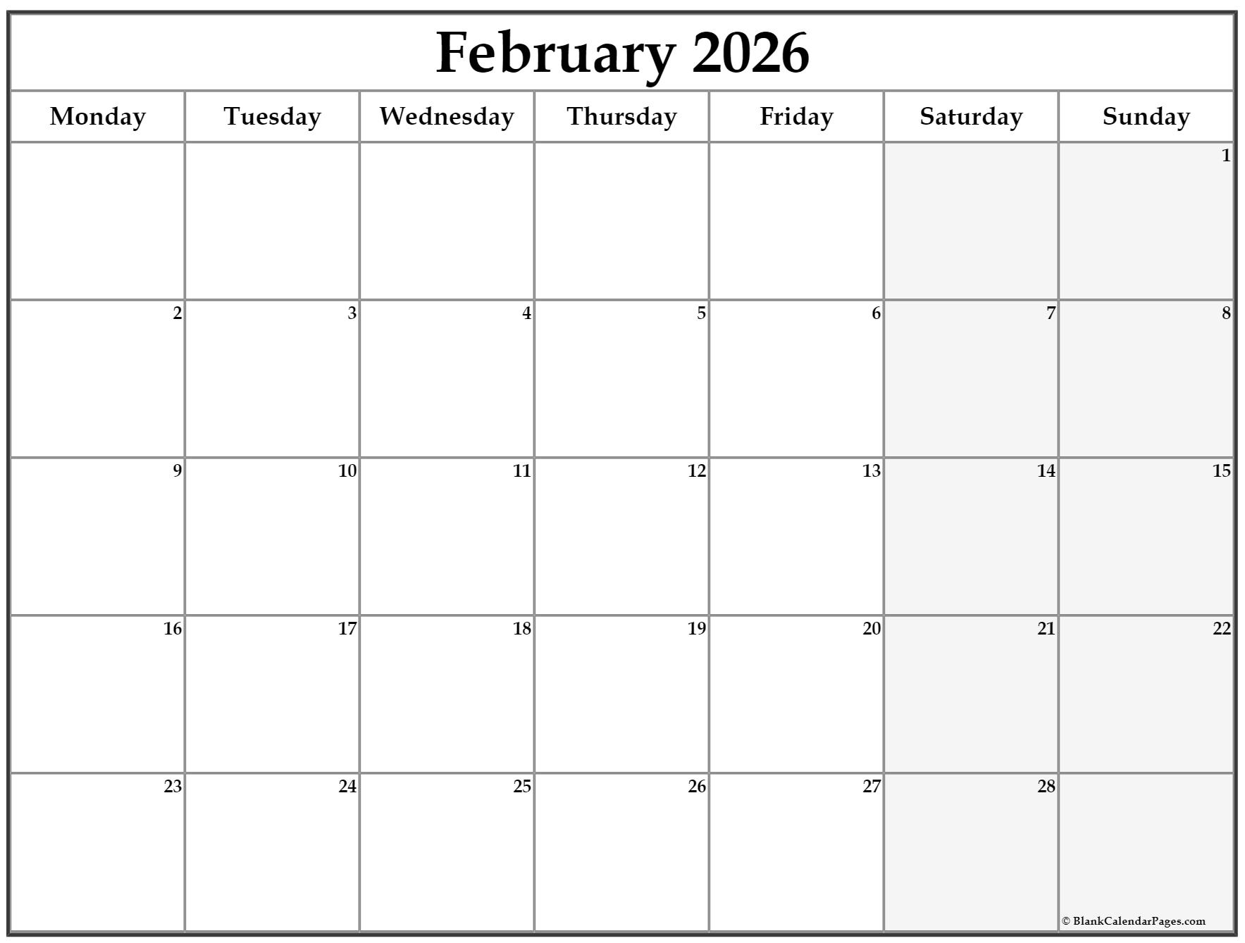February 2023 Monday Calendar | Monday to Sunday