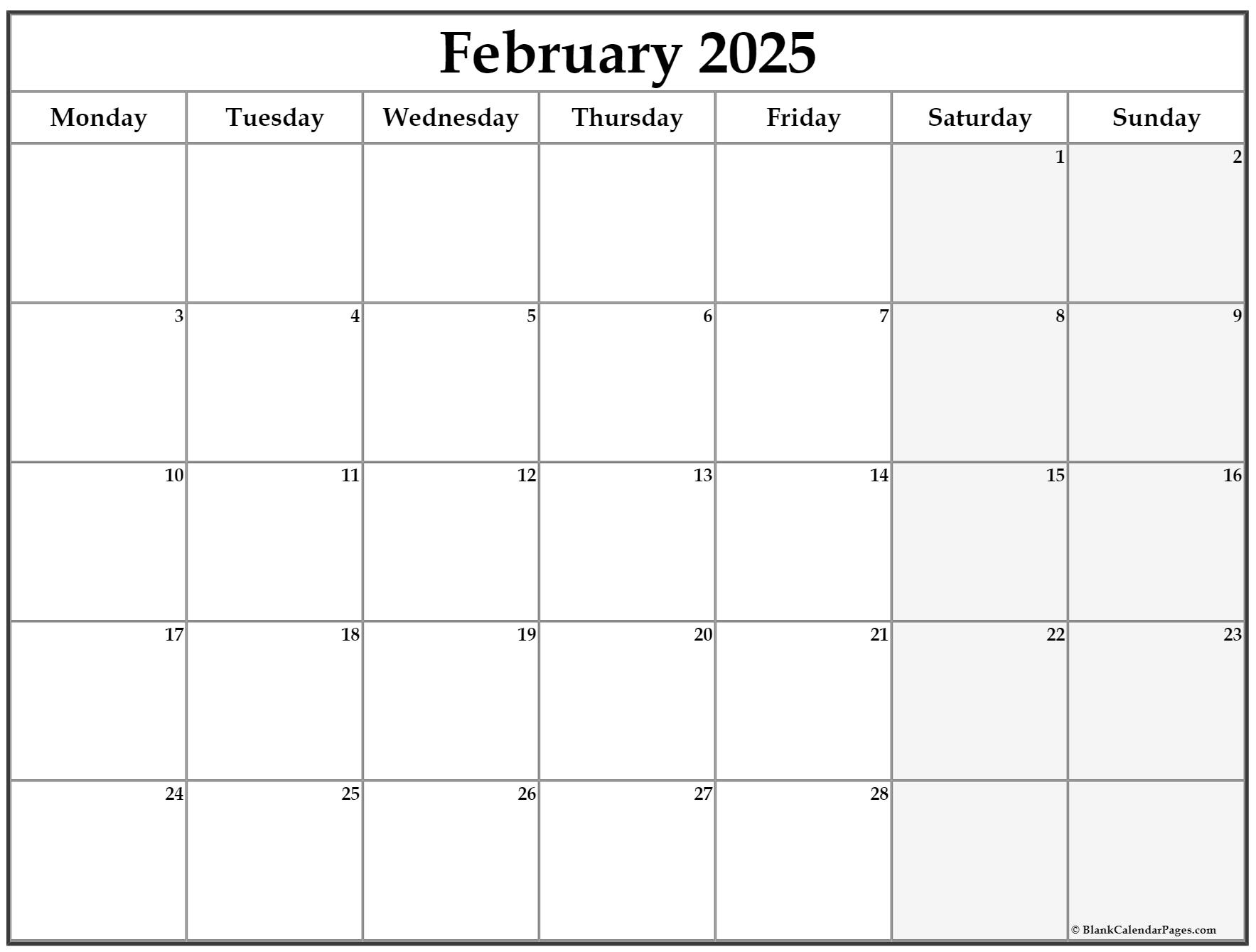 February 2025 Calendar Monday Start