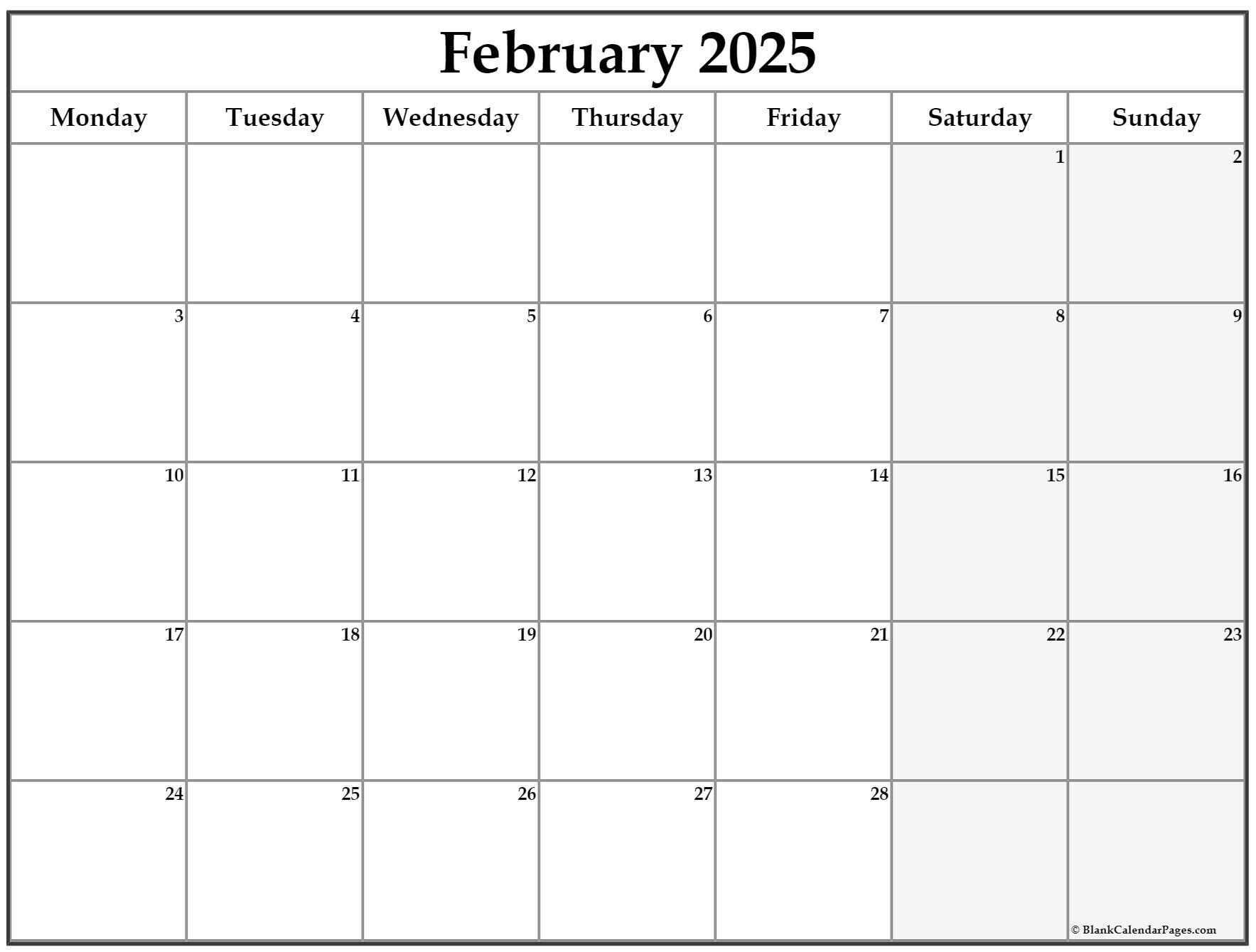 February 2025 Monday Calendar Monday To Sunday