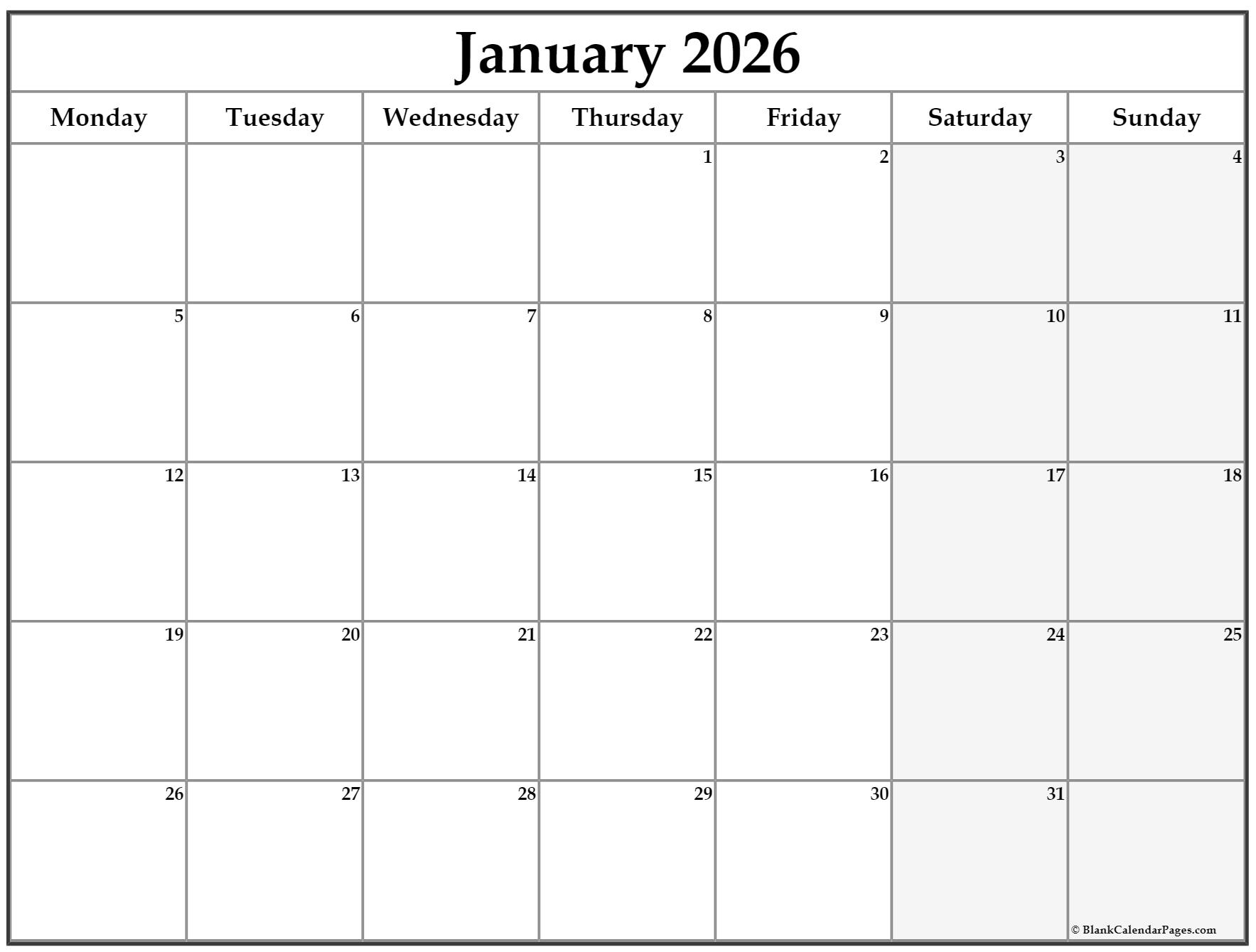 January 2020 Monday Calendar Monday To Sunday