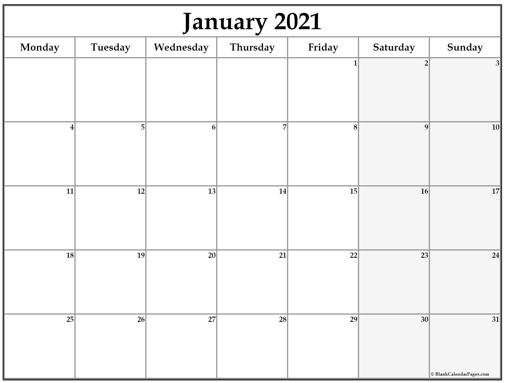 january 2021 monday calendar monday to sunday