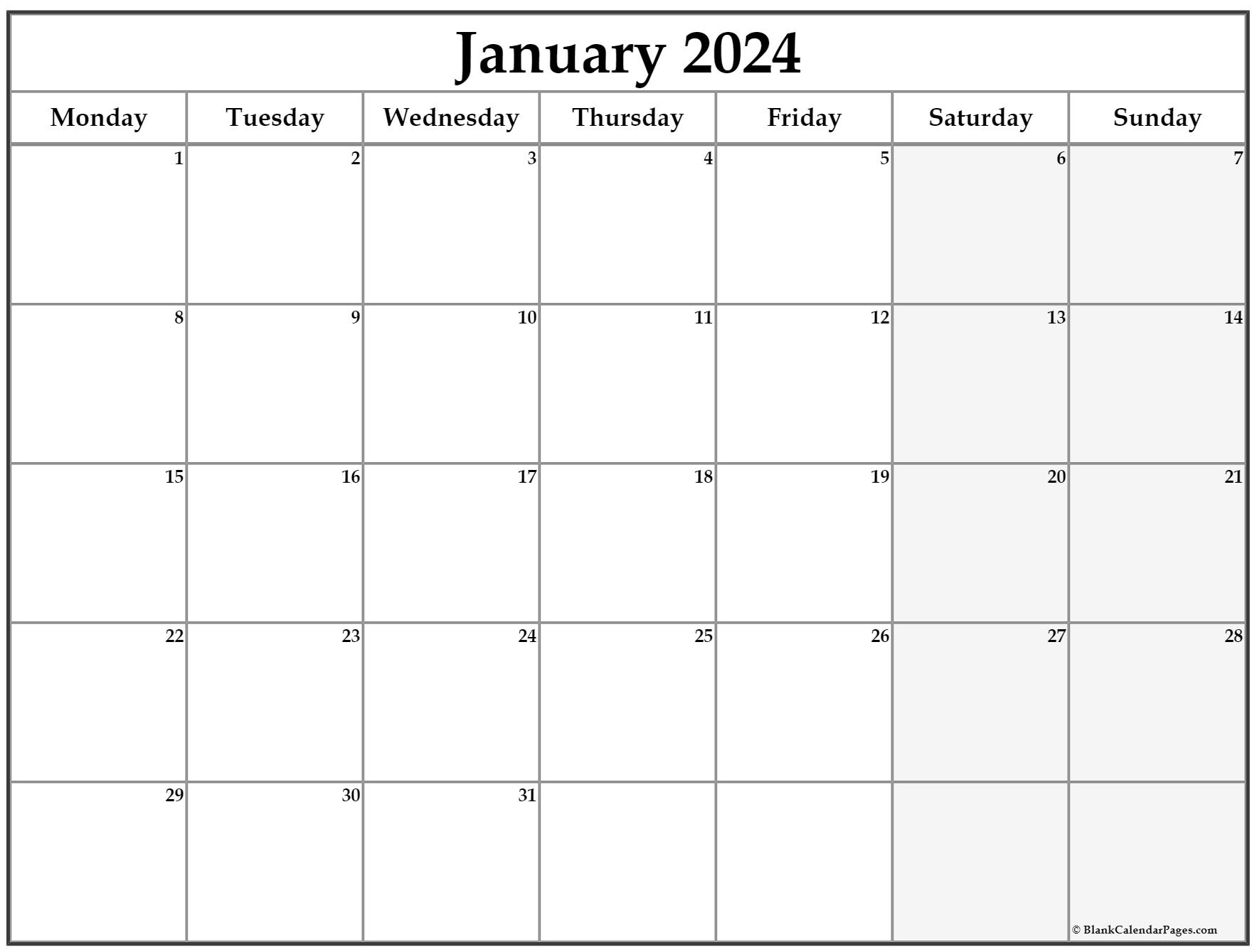 January 2023 Monday Calendar Monday to Sunday