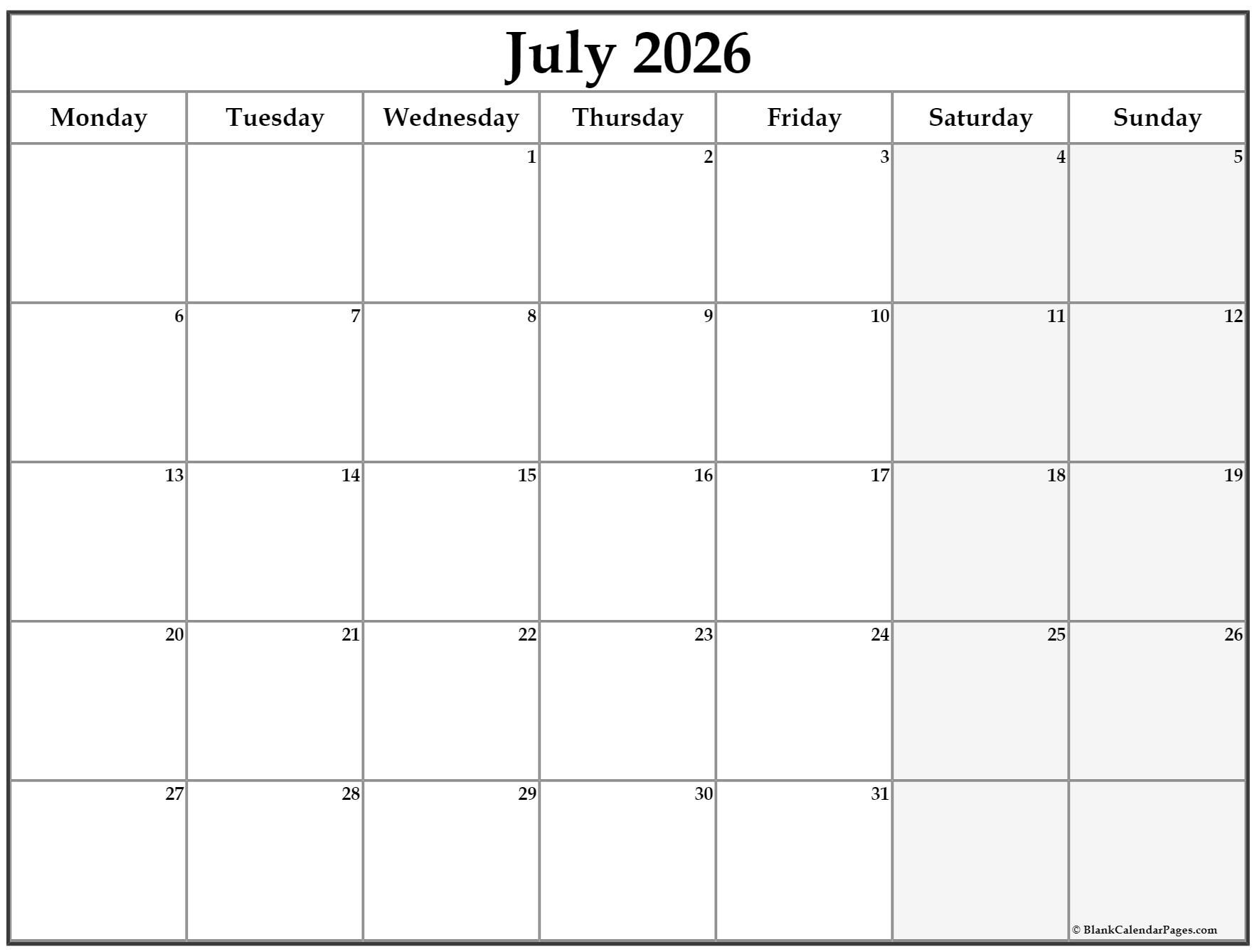 July 2021 Monday Calendar Monday To Sunday