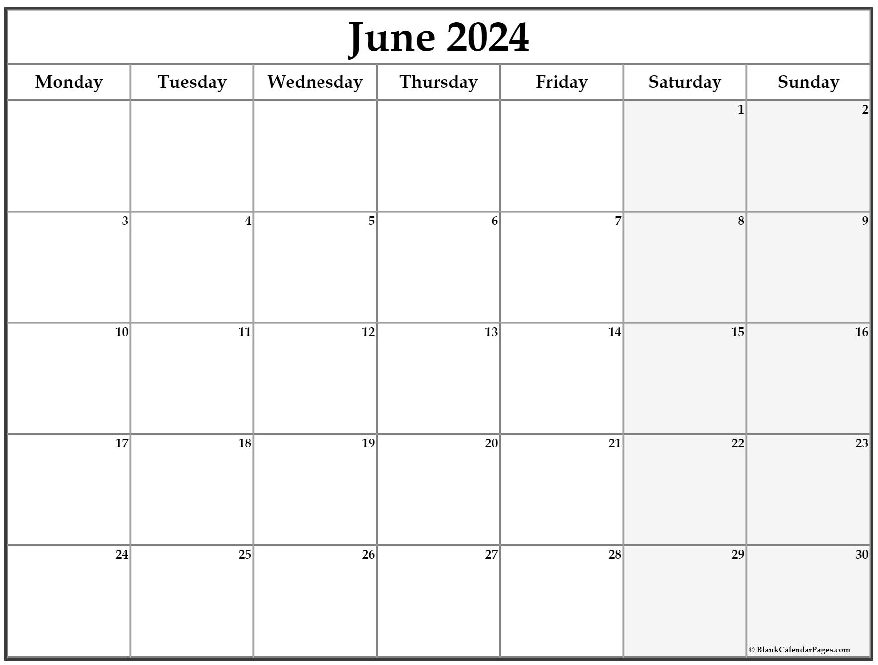 June 2023 Monday Calendar Monday to Sunday