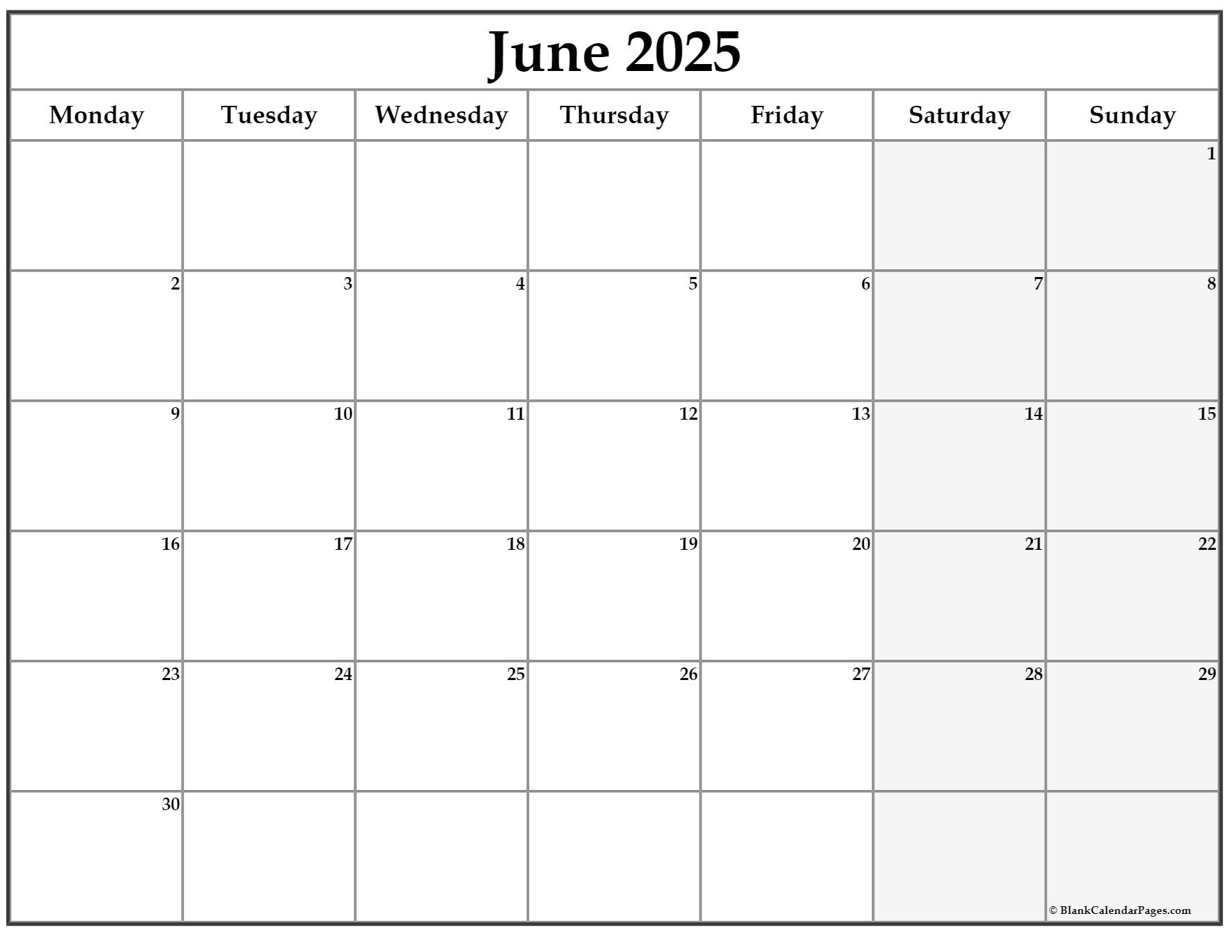 June 2025 Calendar Monday Start 