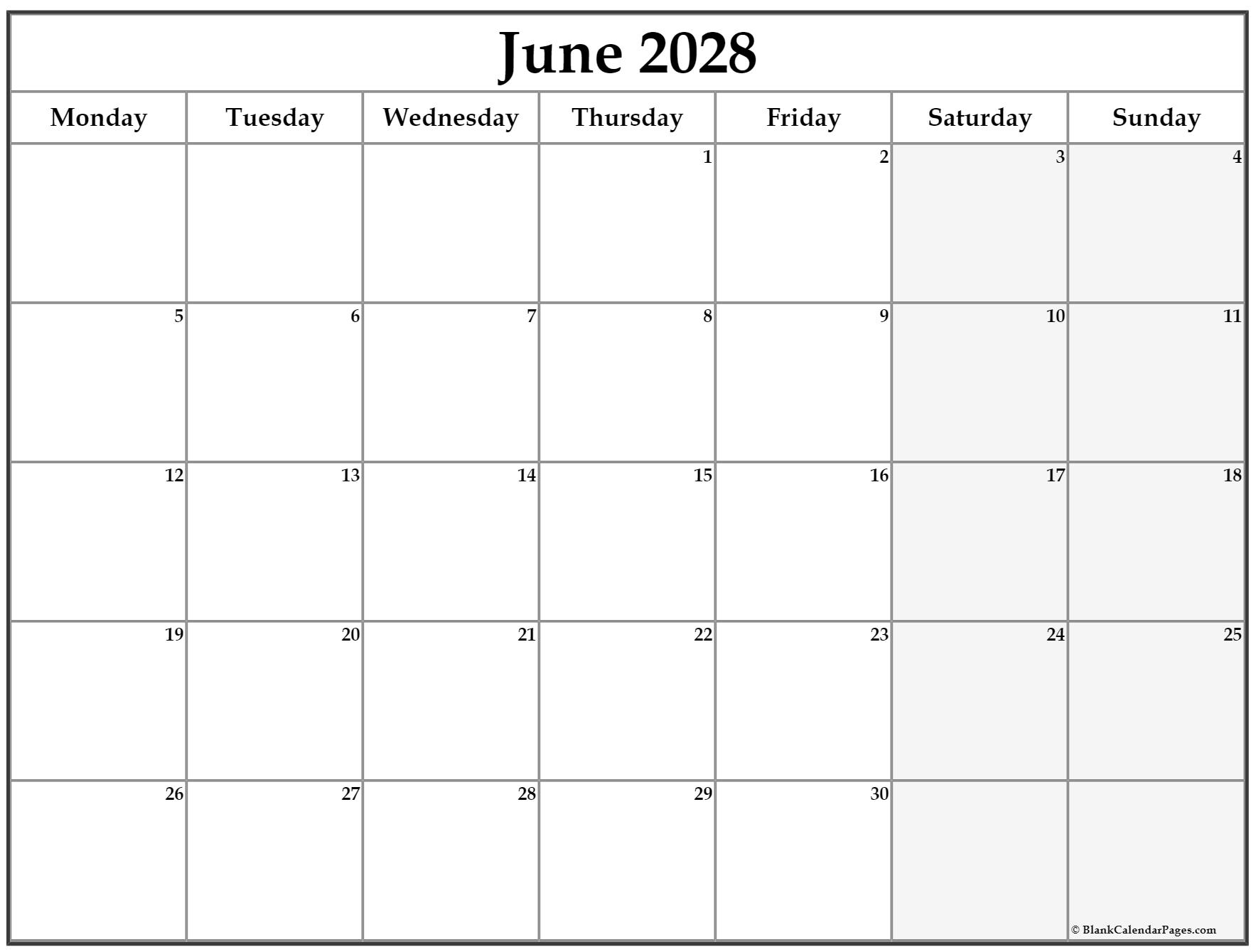June 2028 Monday calendar. Monday to Sunday