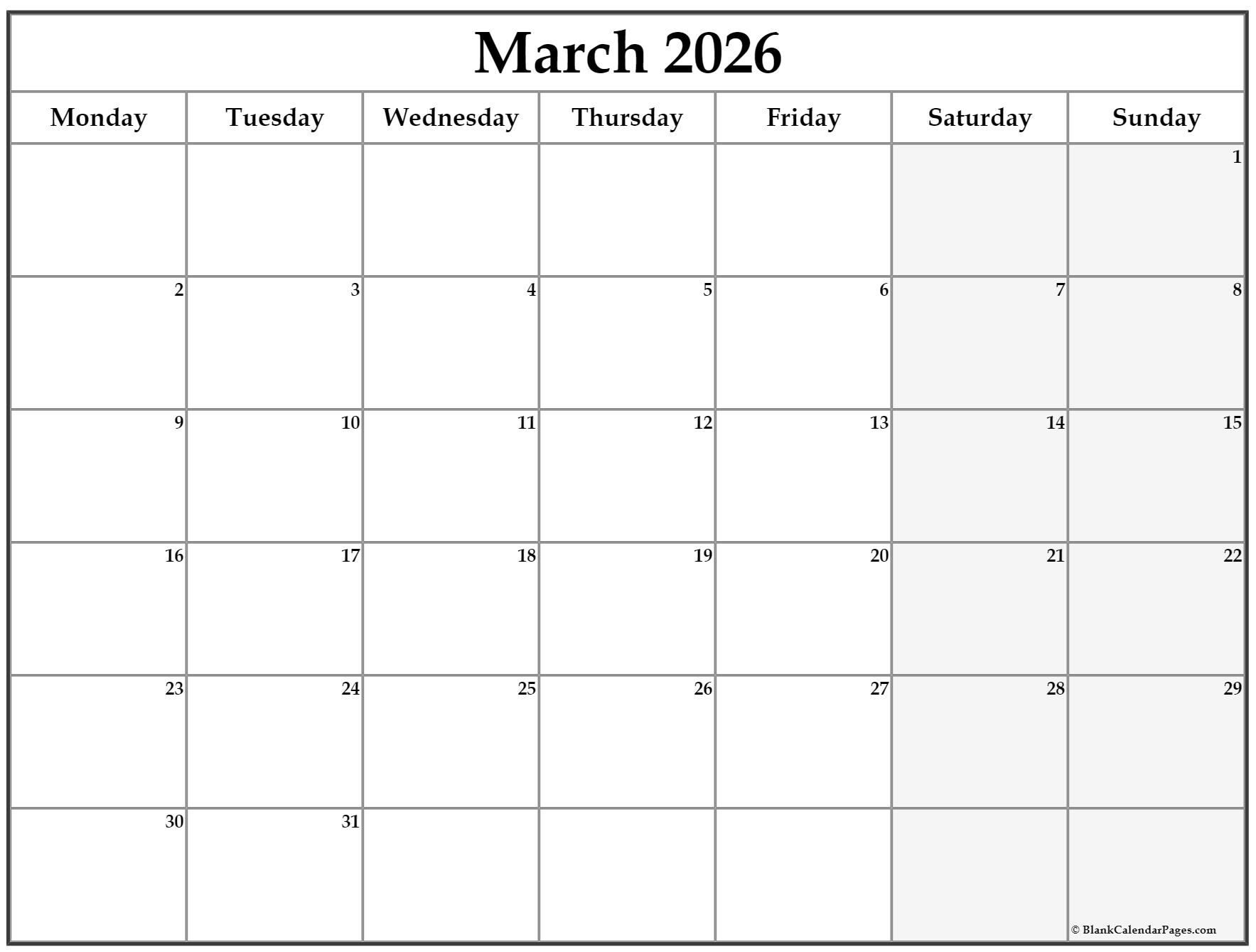 March 2023 Monday Calendar | Monday to Sunday