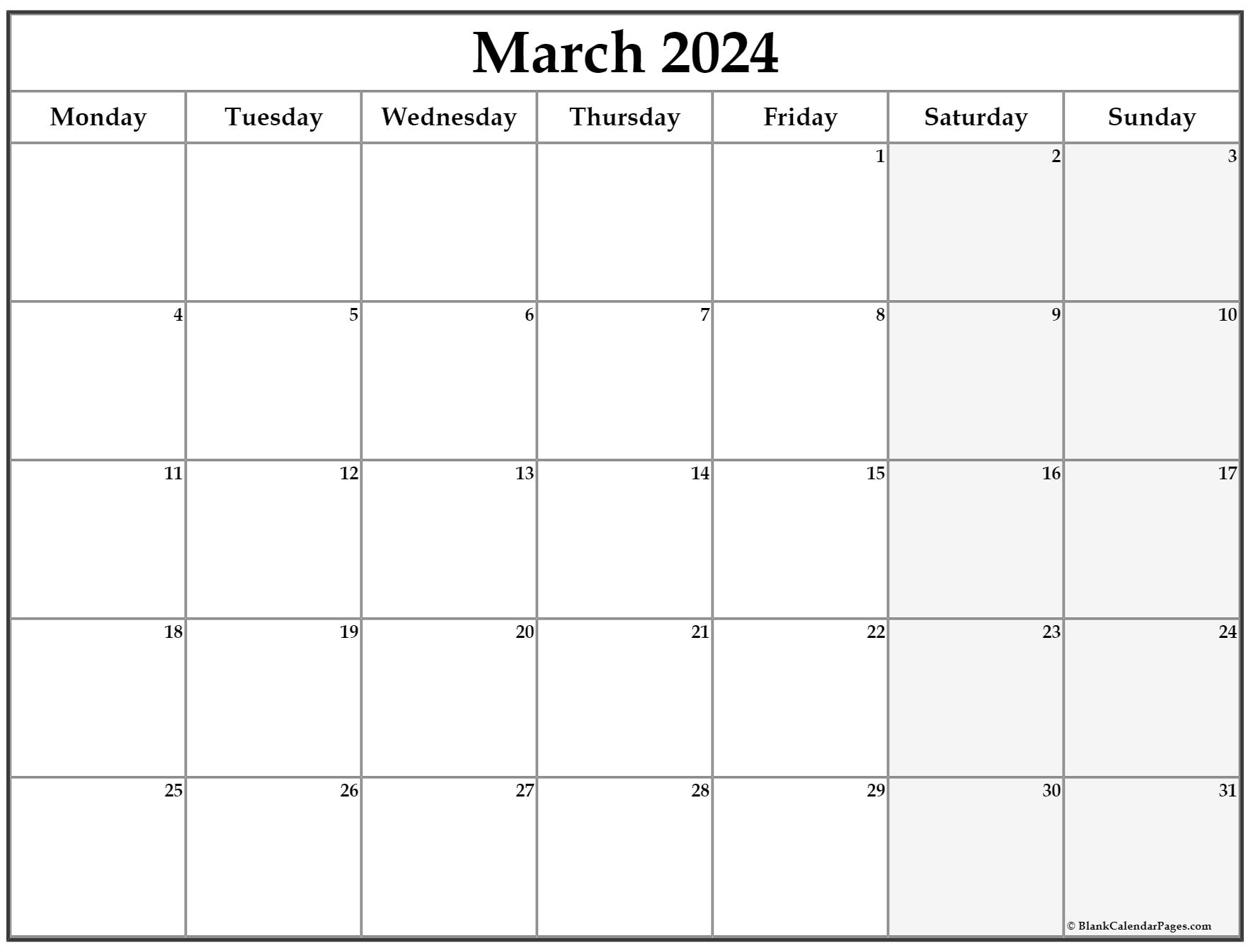 March 2024 Monday Calendar | Monday to Sunday