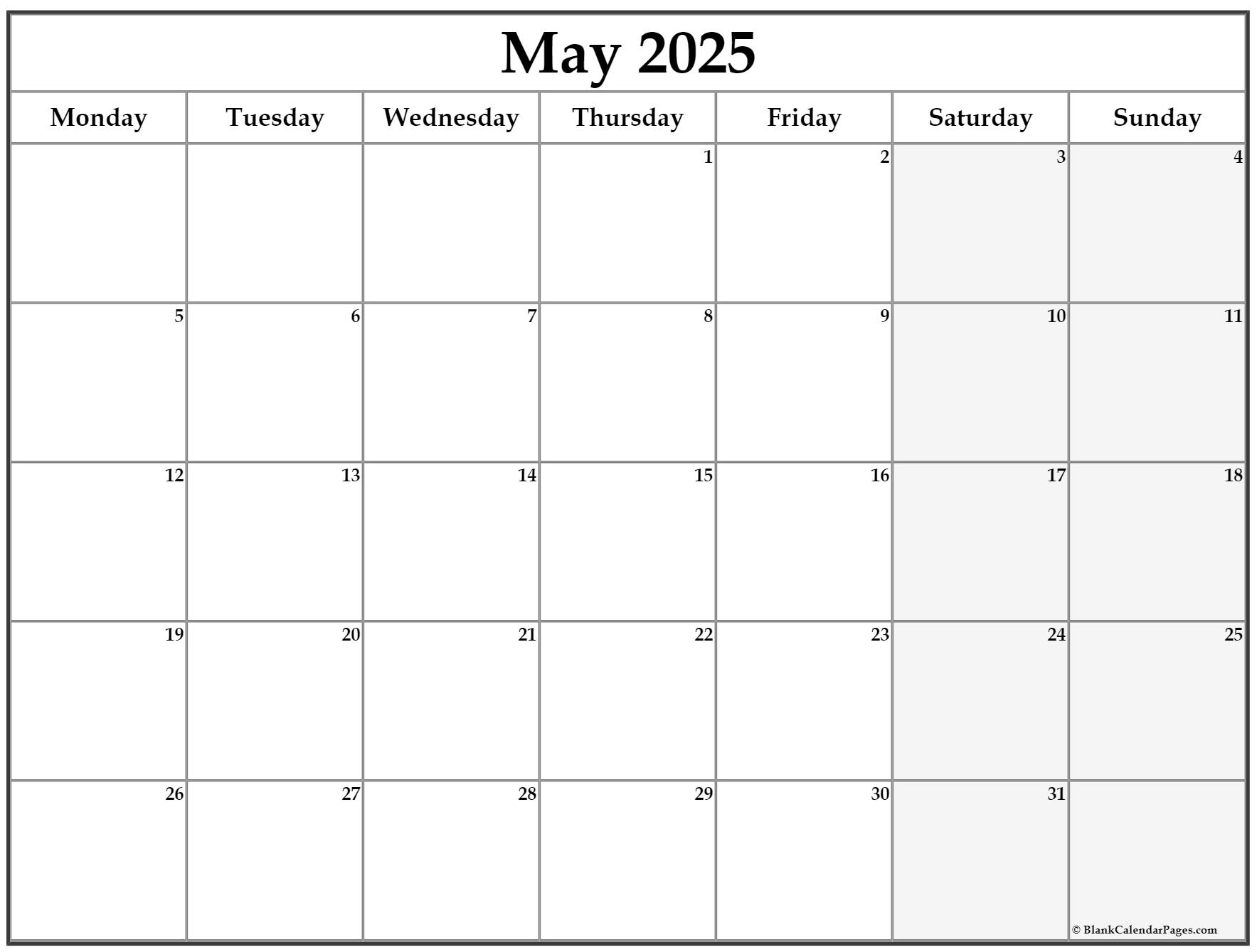 May 2025 Monday Calendar 