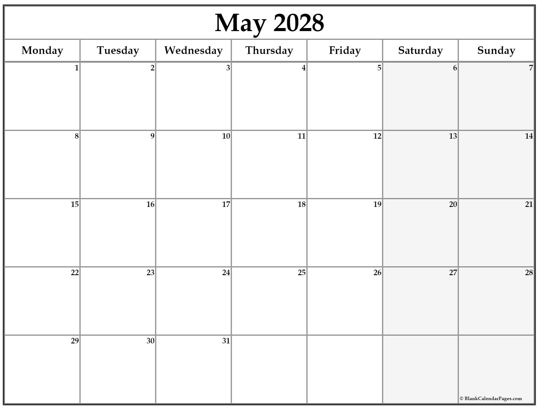 May 2028 Monday calendar. Monday to Sunday